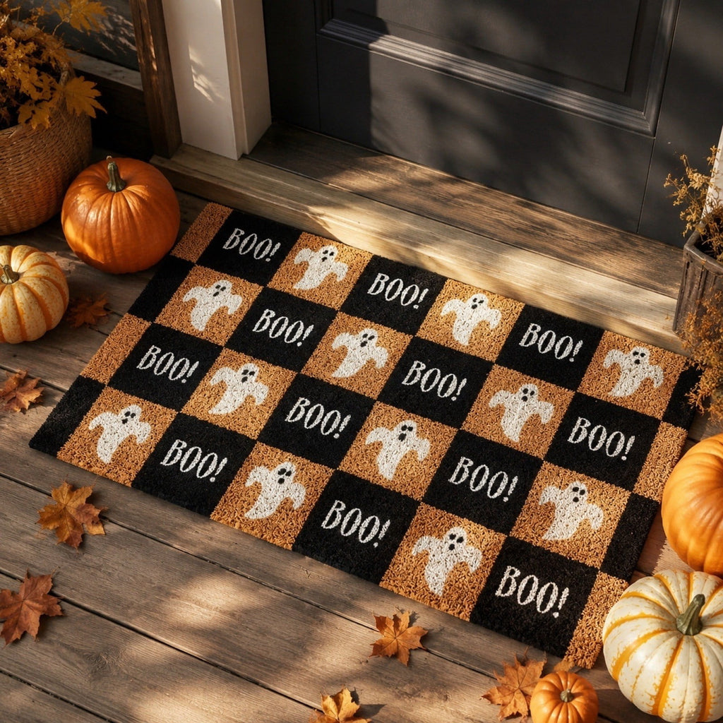 Tepsmf Halloween Ghost Doormat 19.7x31.4IN Black And Orange Checkered Soft Halloween Bathroom Rug Non Slip Cute Spooky Ghost Bathroom Decoration For Front Doors Porches And Holiday Decorations