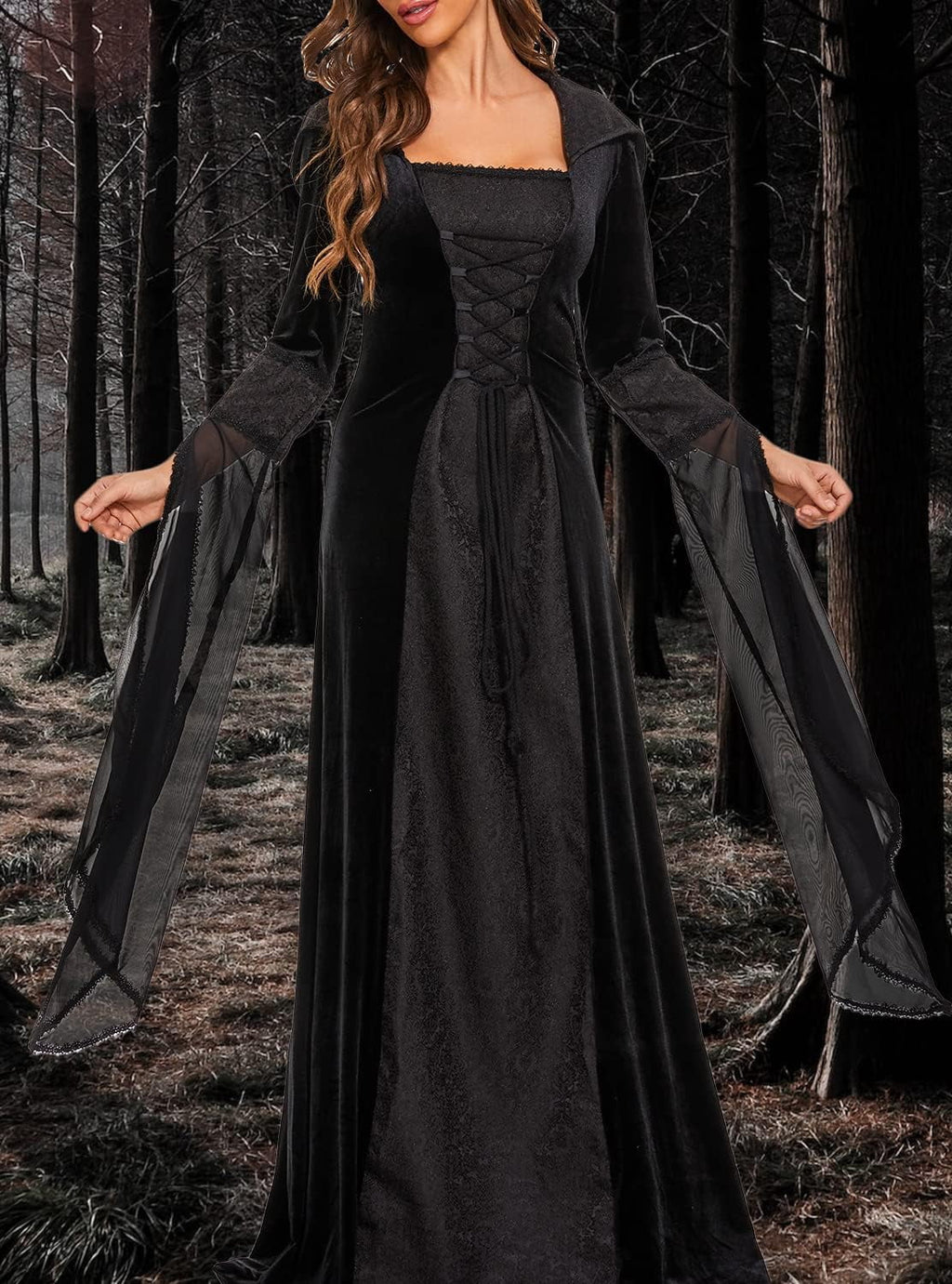 Halloween Witch Costume Women, Deluxe Witch Dress Costume, Vintage Embroidered Renaissance Gothic Hooded Vampire Gown Dress Cosplay Costumes Black M