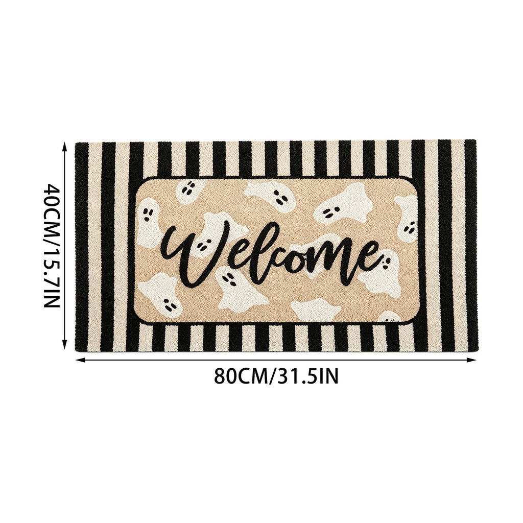 QuanTara Halloween Ghost Welcome Doormat, 31.5" x 15.75" Non-Slip Entryway Rug, Cute Spooky Ghost Print with Striped Border, Soft Faux Velvet Front Door Mat for Fall Home Decor, Porch & Indoor Use