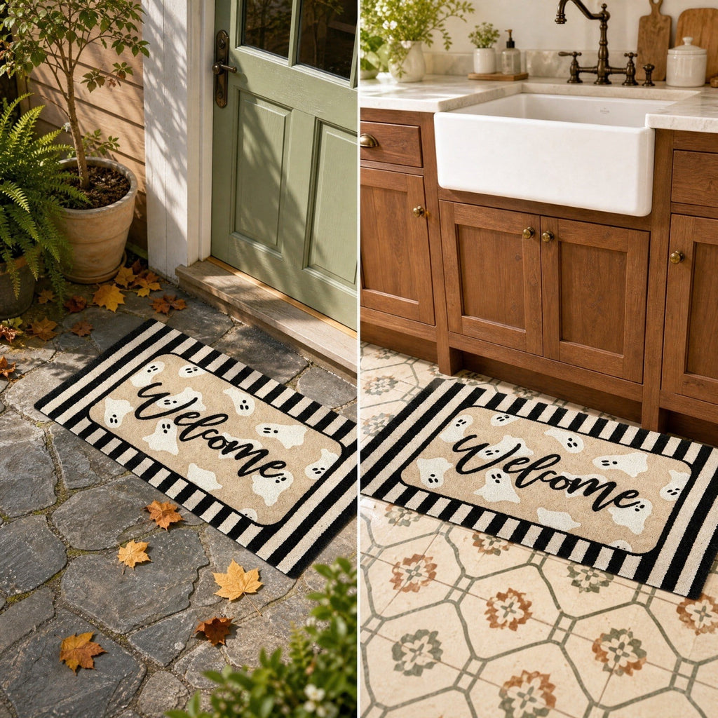 QuanTara Halloween Ghost Welcome Doormat, 31.5" x 15.75" Non-Slip Entryway Rug, Cute Spooky Ghost Print with Striped Border, Soft Faux Velvet Front Door Mat for Fall Home Decor, Porch & Indoor Use
