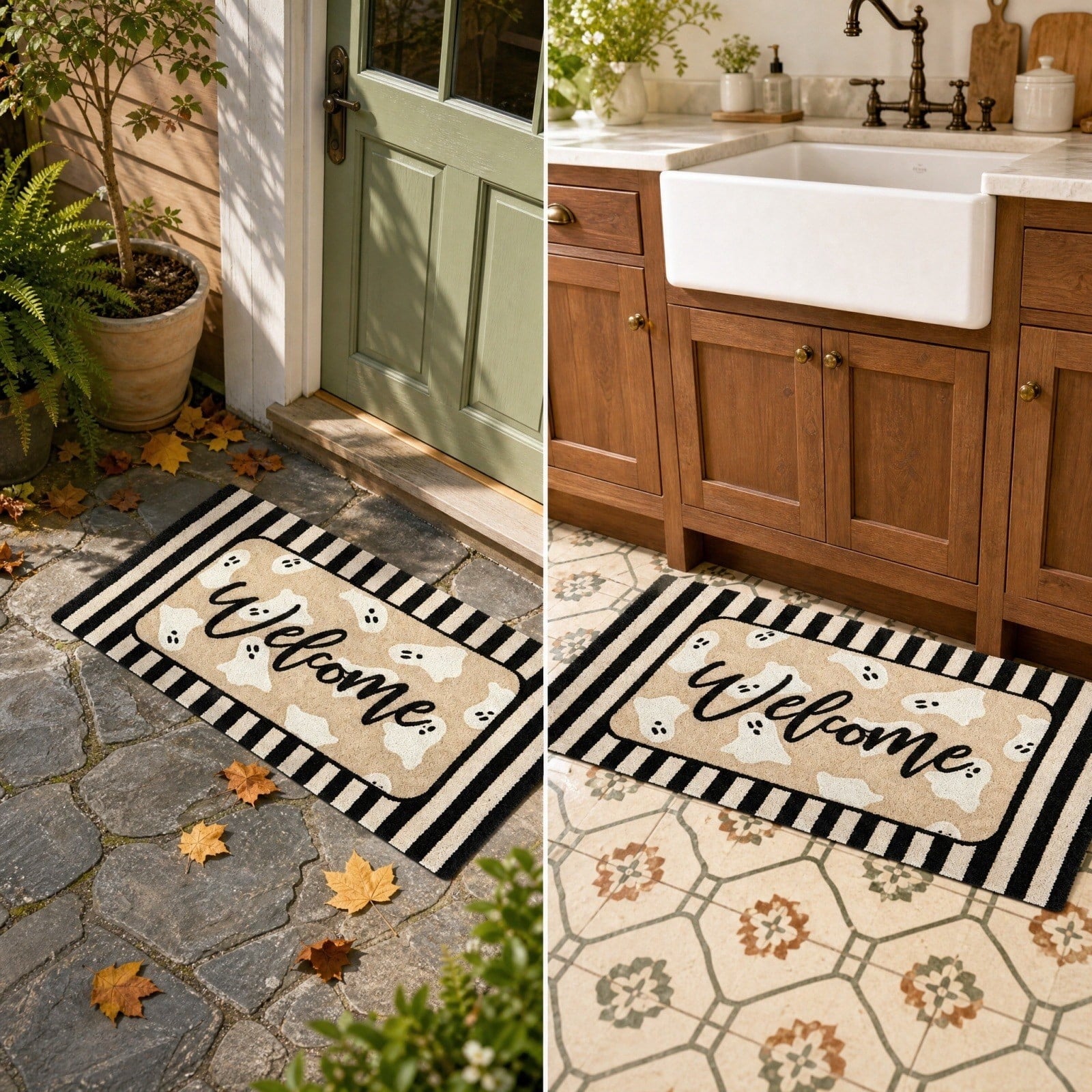 QuanTara Halloween Ghost Welcome Doormat, 31.5" x 15.75" Non-Slip Entryway Rug, Cute Spooky Ghost Print with Striped Border, Soft Faux Velvet Front Door Mat for Fall Home Decor, Porch & Indoor Use