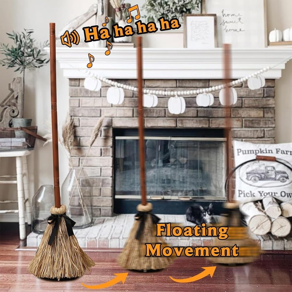 Floating Broom, Dancing Witch Broomstick with Motion Sensor Spooky Sounds, Moving Floating Broom Halloween Prop, Animated Witch's Broomstick for House Party Decorations
