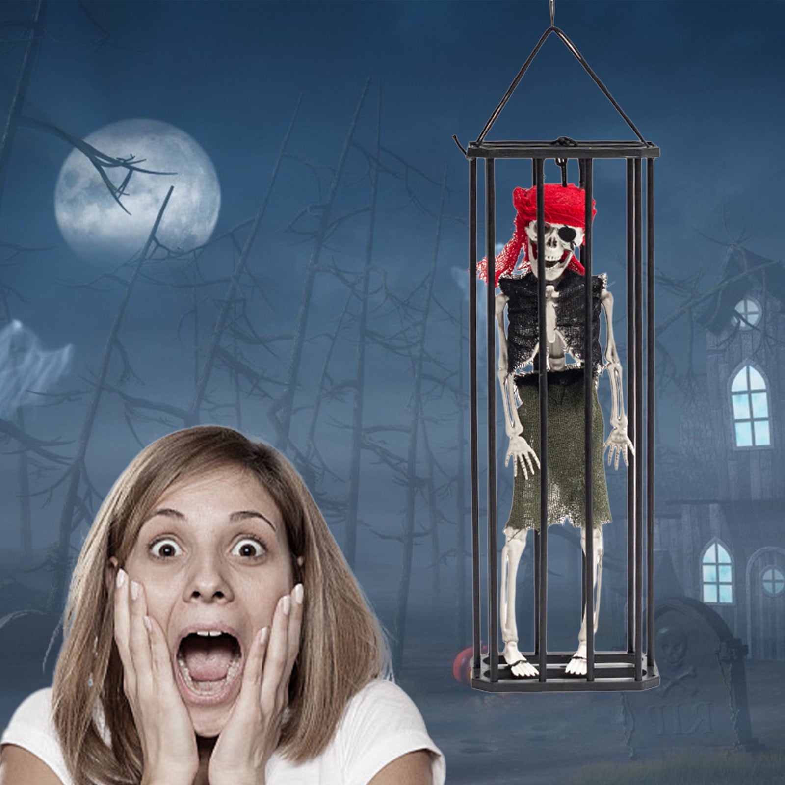 Konghyp Halloween Hanging Decoration Cage Ghost, Motion Activated Skeleton Prisoner, Creepy Party Prop for Haunted House, Animated Scare Device, Unique Halloween Decor
