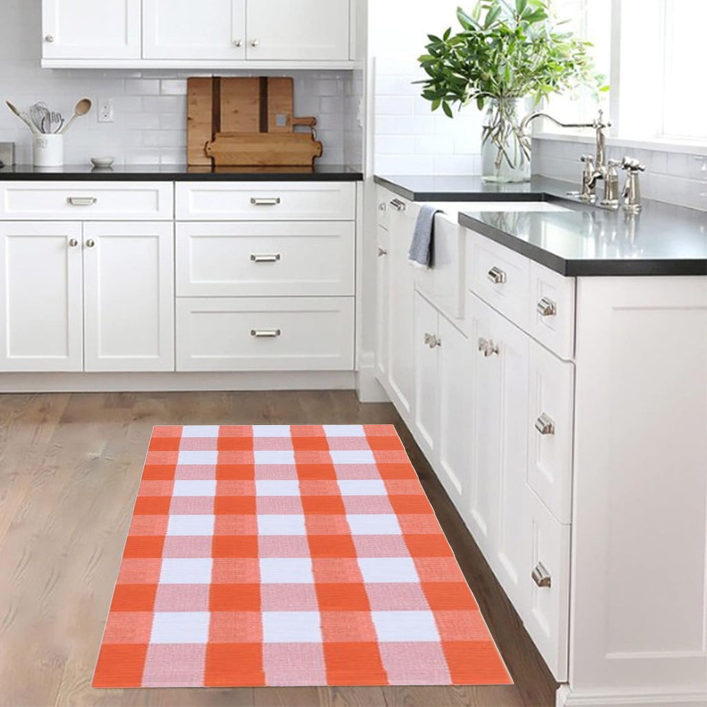 Guozer Fall Outdoor Rug Orange Plaid Outdoor Rug Cotton Hand-Woven Check Rug Layered Doormats For Front Door/Front Porch/Farmhouses/Entryway/Patio 23.6''x 35.4''