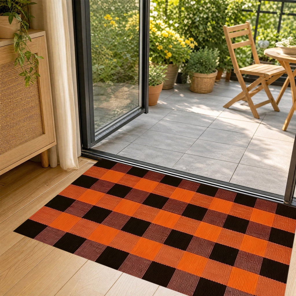 Orange Plaid Fall Outdoor Mat, Hand-Woven Porch Rug for Thanksgiving Halloween Door Decor