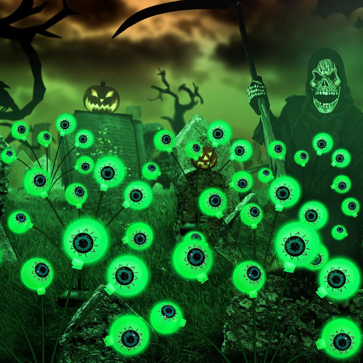 Morfone Halloween Decorations Outdoor, 2 Pack 12 LEDs Solar Scary Eyeball Lights, Waterproof Eyeball Swaying Firefly Lights, Halloween Path Lights for Garden Yard Party, Green