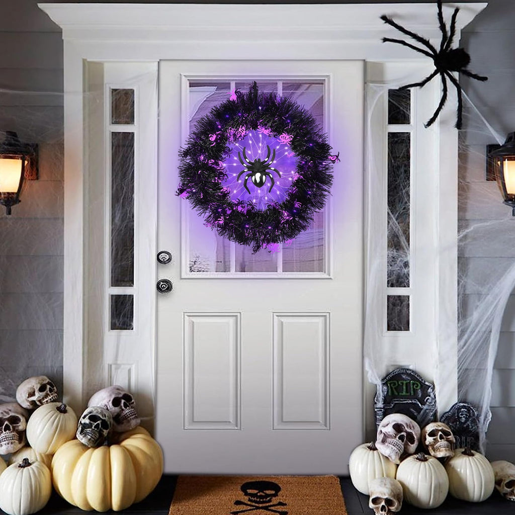 Halloween Wreath Halloween Spider Decorations Wreath with Lights, Halloween Spider Garland LED Halloween Door Wreath for Halloween Party, Halloween Decorations Outdoor Indoor Wall and Window