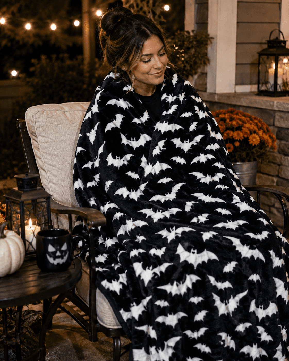 Serafina Home Halloween Throw Blanket: Fuzzy Boo! Jack O'Lantern Spider Webs Skull and Black Cats Print on Velvet Fleece for Sofa Bed Couch Chair Dorm