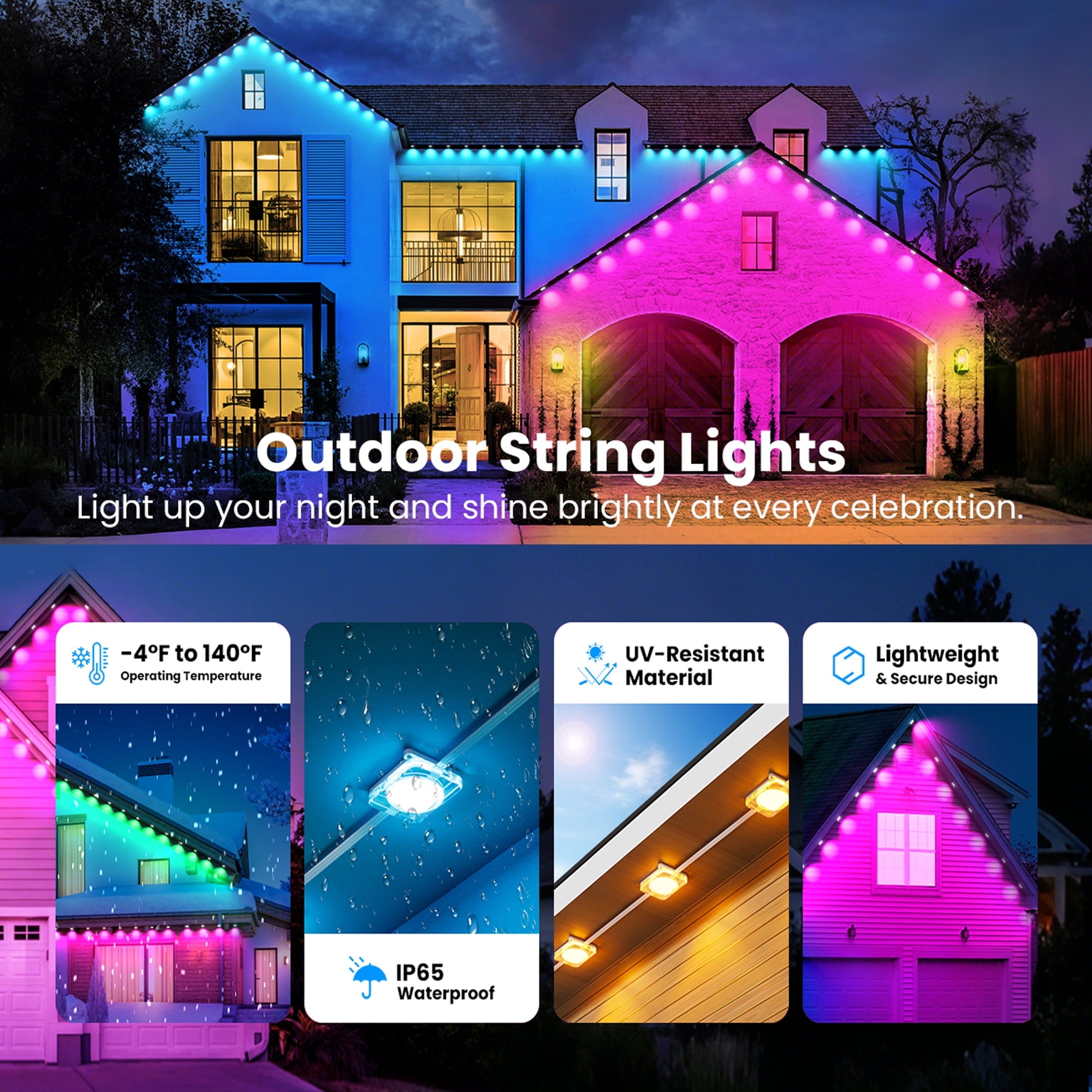 DAYBETTER 200ft Permanent Outdoor Lights, RGB Eaves String Lights with 100LED, Remote/APP Control, IP65 Waterproof, for Garden Halloween Christmas Party Decorations