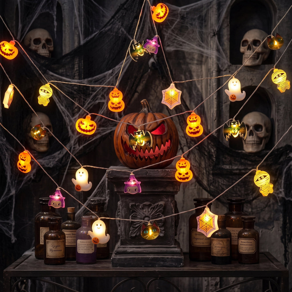 Joyfy 19.7ft Halloween Lights,30 LED Waterproof 3D Pumpkin Ghost Battery Operated String Lights with Timer 8 Lighting Modes Fairy Light for Window Indoor Outdoor Decor Halloween Party Decorations