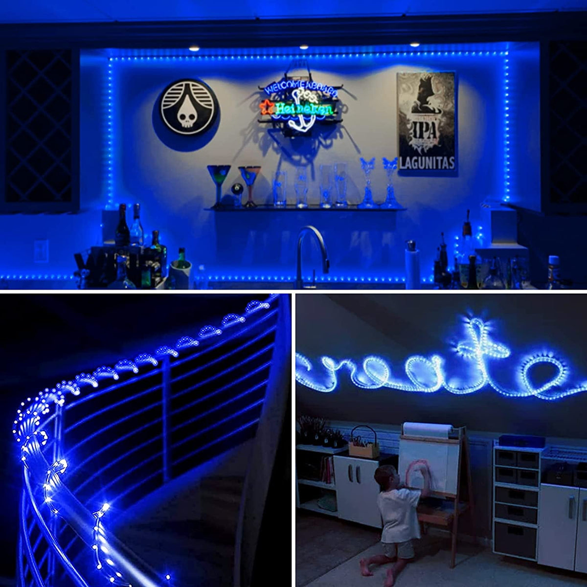 Christmas Tree Lights 23ft 50 LED Battery Operated Rope String Lights with 8 Modes Remote for Xmas Patio Home Garden Decorations, Blue