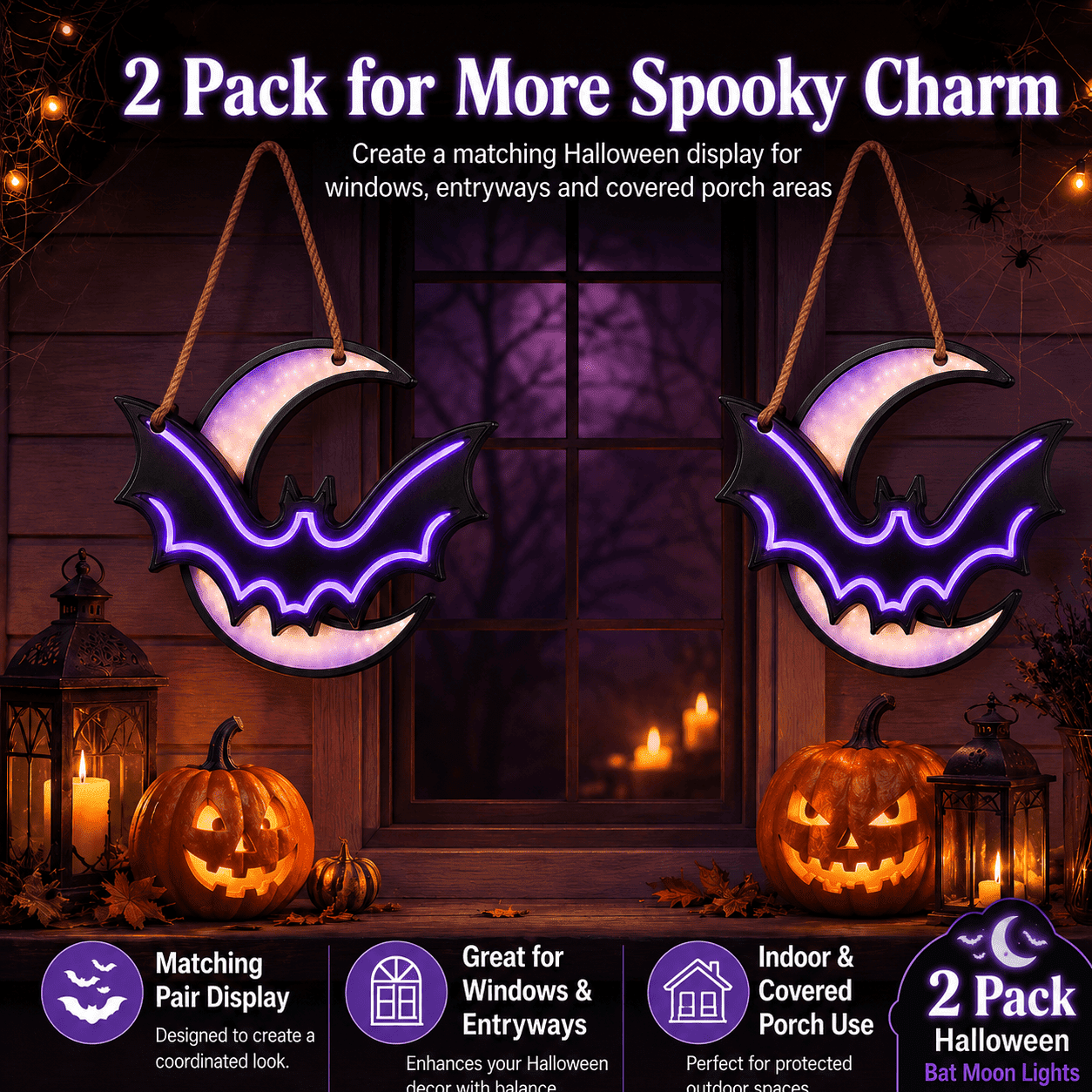 2 Pack Halloween Bat Moon Lights, Battery Operated Purple LED Hanging Decorations, Light Up Window Wall Decor for Indoor Covered Porch