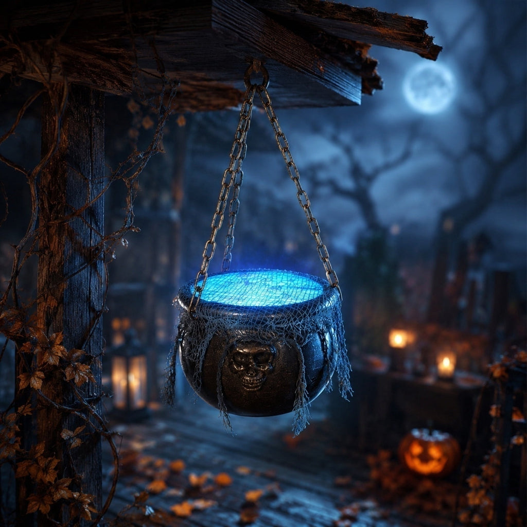 EWASWON Halloween Cauldron with Lights and Sound, LED Light-Up Spooky Witch Brew Pot Decoration for Indoor Outdoor Home Mantel Kitchen Party