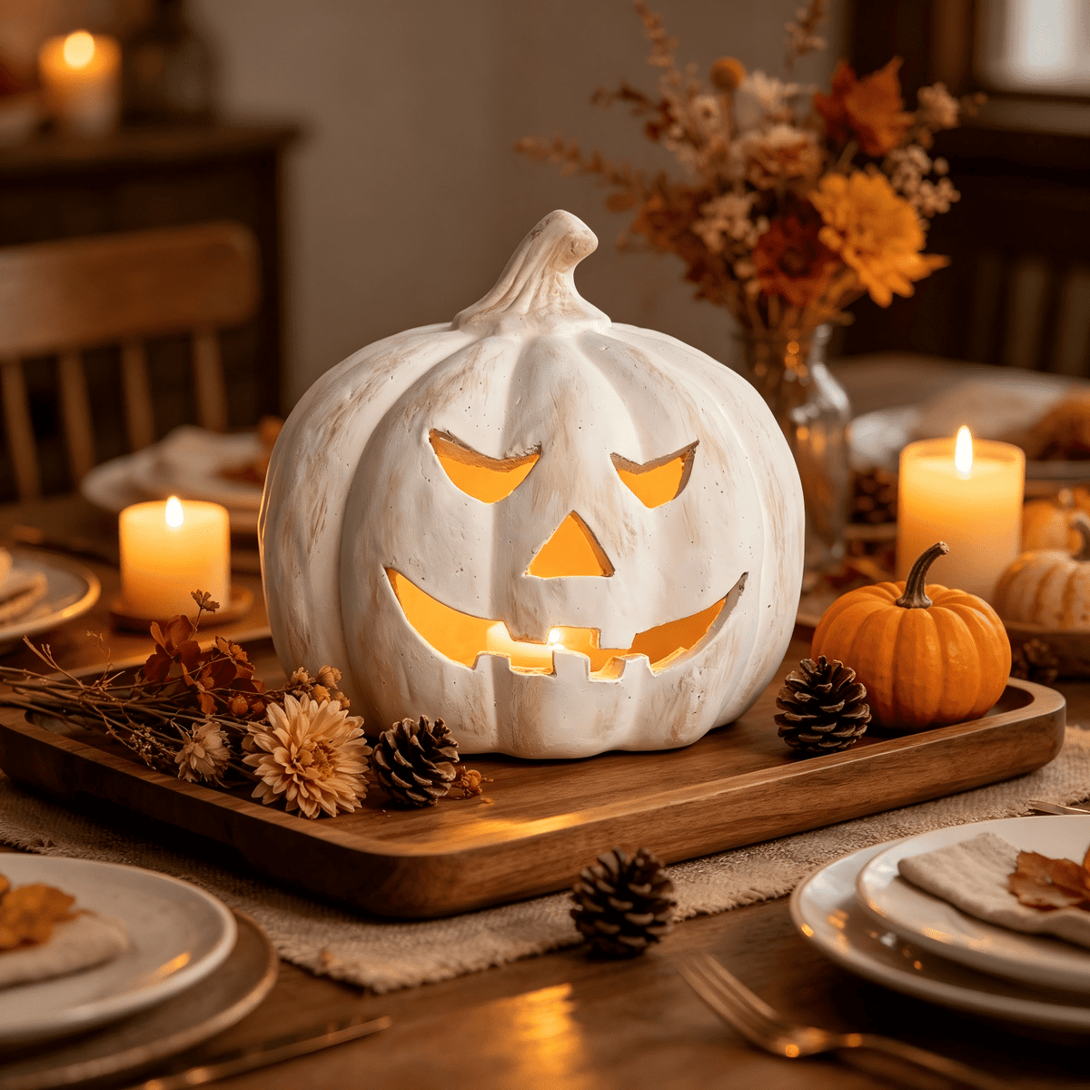Fall Decor - Halloween Decorations - 5.9"H White Handmade Resin Pumpkin Jack O' Lantern with Flameless Candle - Outdoor Indoor Autumn Decoration for Table Centerpieces Porch Room Front Door