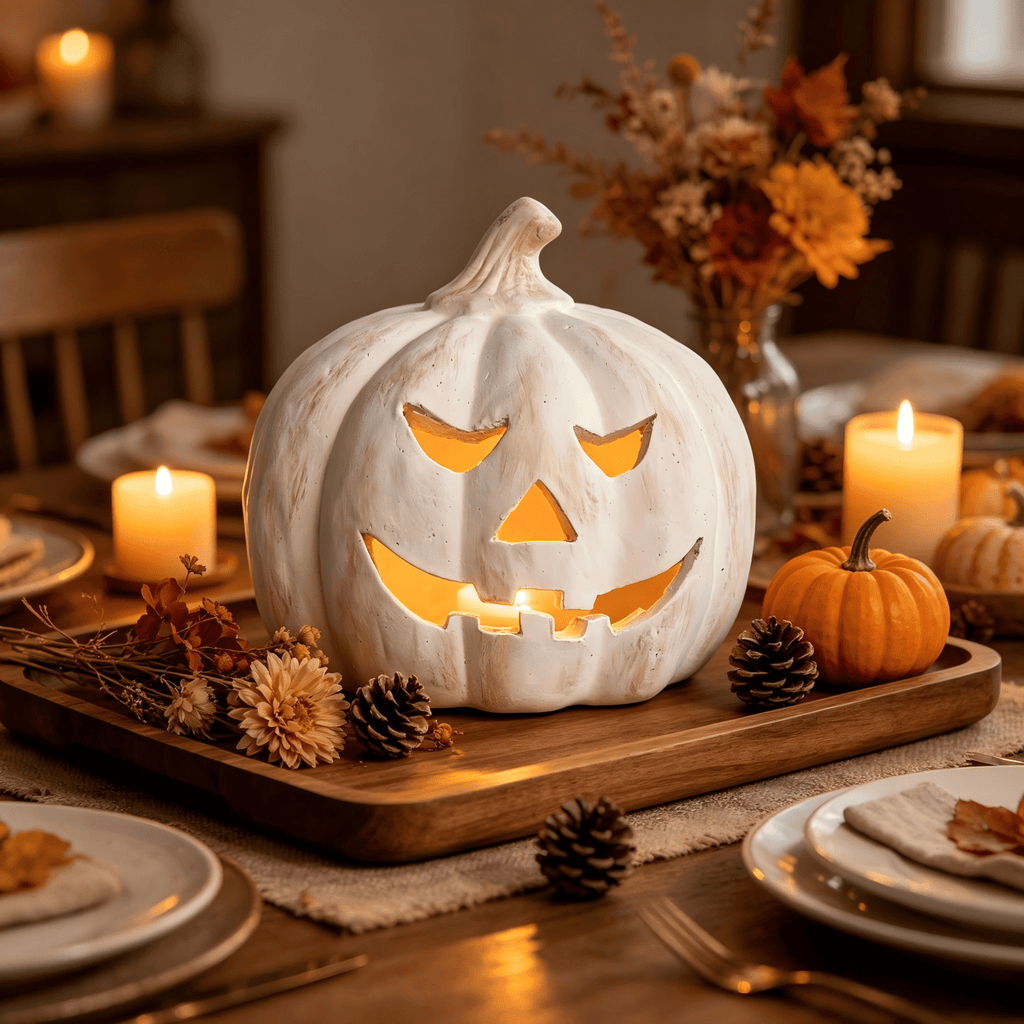 Fall Decorations for Home - Halloween Decor Indoor - 7.87" H White Handmade Resin Pumpkin Jack O' Lantern with Flameless Candle - Outdoor Decoration for Front Door Porch Mantel Kitchen Living Room