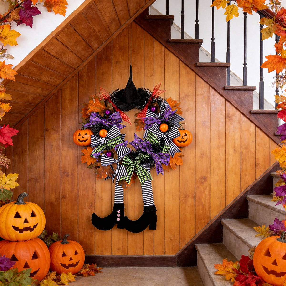 AGCAN Halloween Wreaths for Front Door, 17 Inch Pre-Lit Halloween Wreaths with Bats & Deadwood, Halloween Decorations for Door,Porch,Window,Indoor and Outdoor Decor