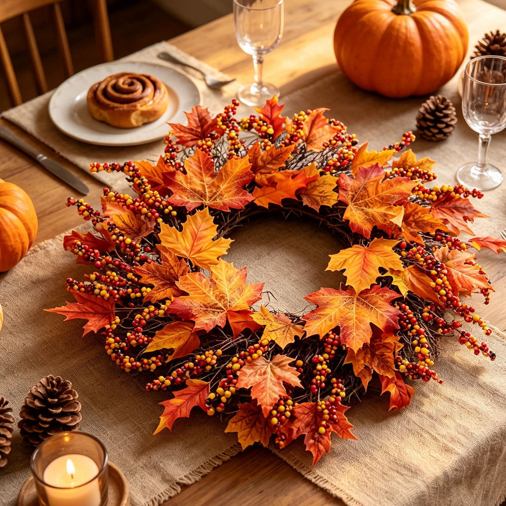 HOARBOEG Handmade Wrought Iron Maple Leaf Wreath, Thanksgiving Rudolph Fall Harvest Door Hanging, Orange Metal Autumn Wreath with Berries, Garden Wall Decor, 15.75 in