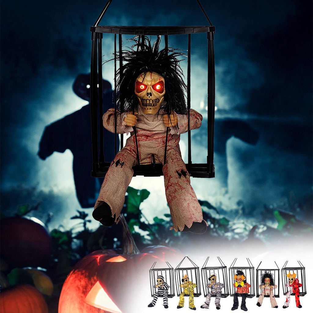 Summercome Skeleton Animated Halloween Decorations, Screaming Halloween Decor with Motion Activated & Light Sensor, Spooky Prisoner Cage Haunted House Decorations, A