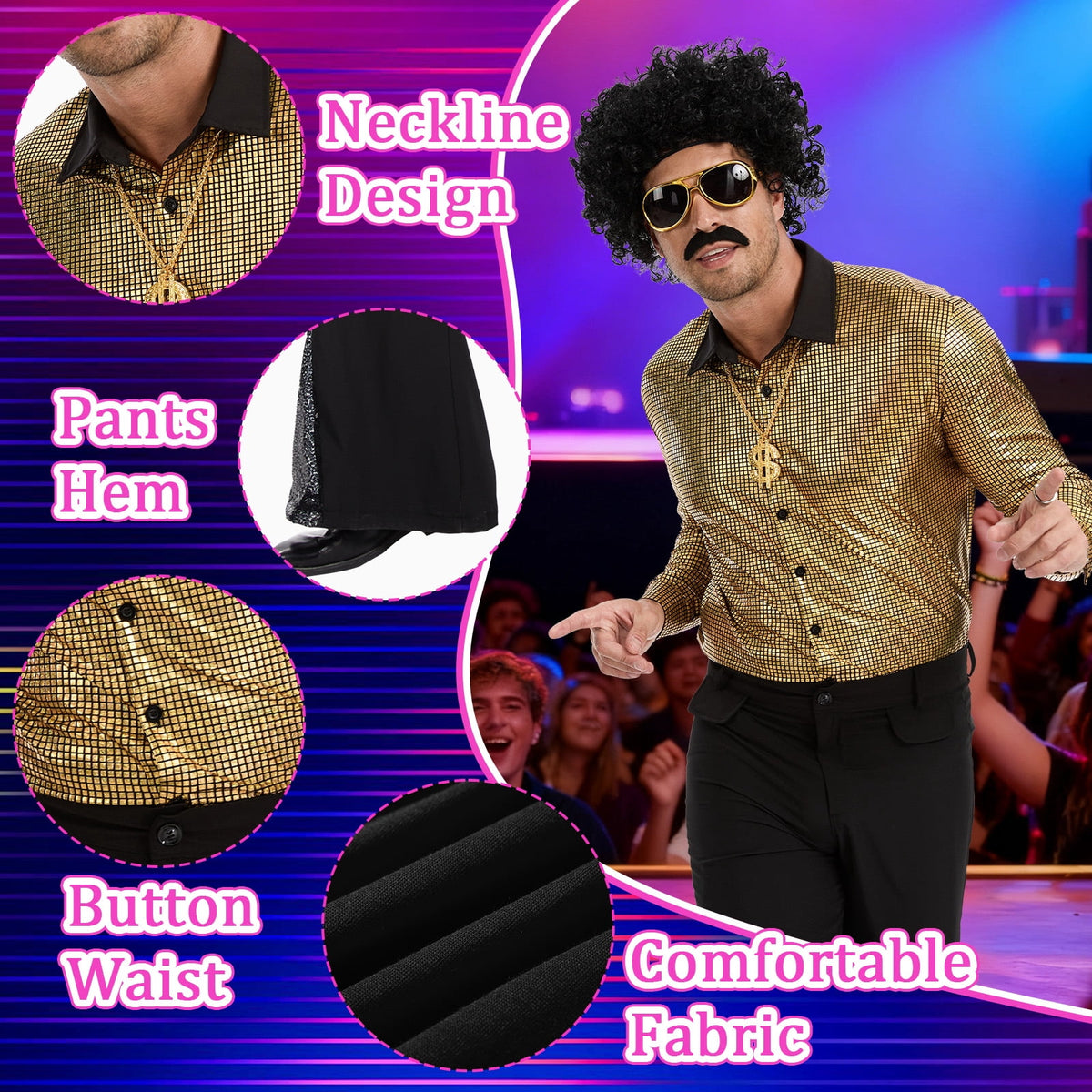 MYATED 70s Disco Costume for Men 6 Pcs Dance Bell Bottom Pants Retro Shirts Wigs Sunglasses Necklace Shirts for Disco Party (Black,L)