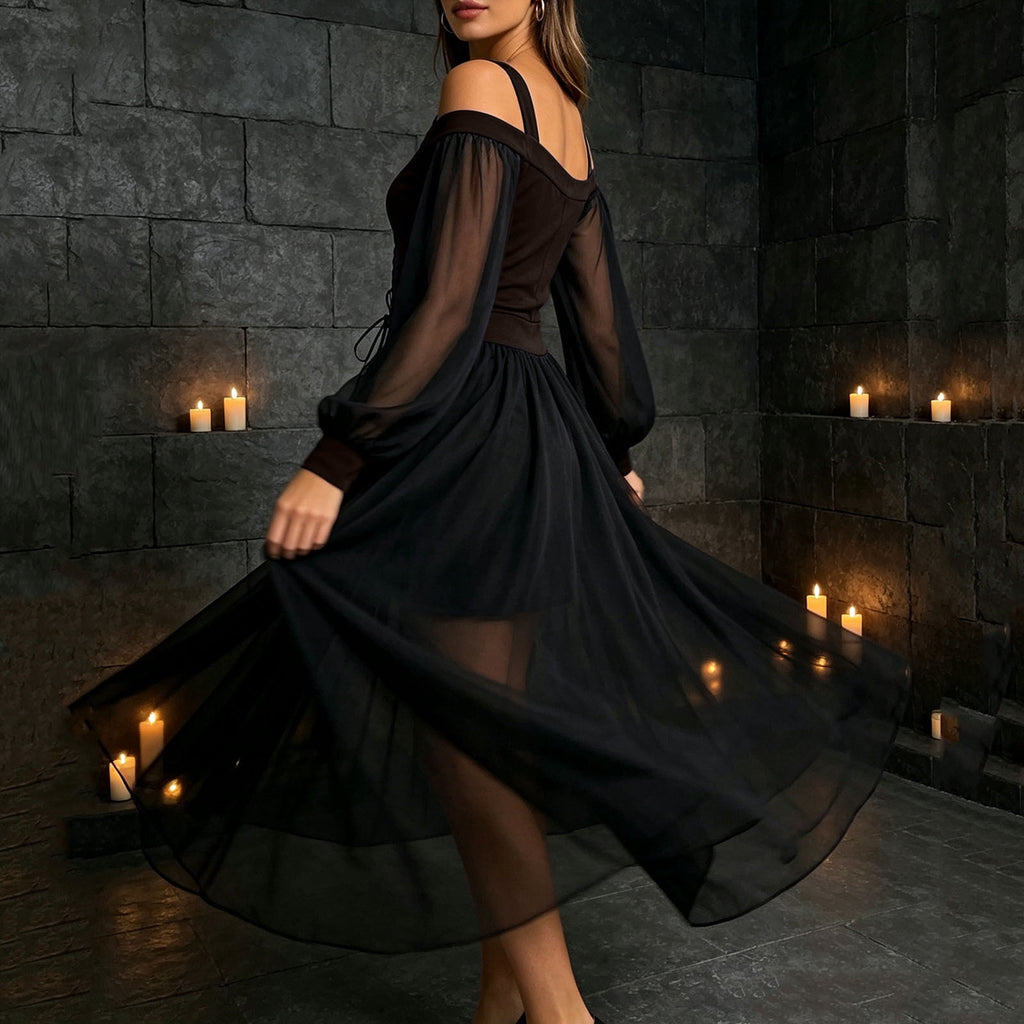 JOANKDMI Women's Gothic Midi Dress Elegant Vampire Costume Cold Shoulder Sheer Long Sleeve Lace-up Corset for Roleplay Halloween Party Outfit Chic, S-3XL