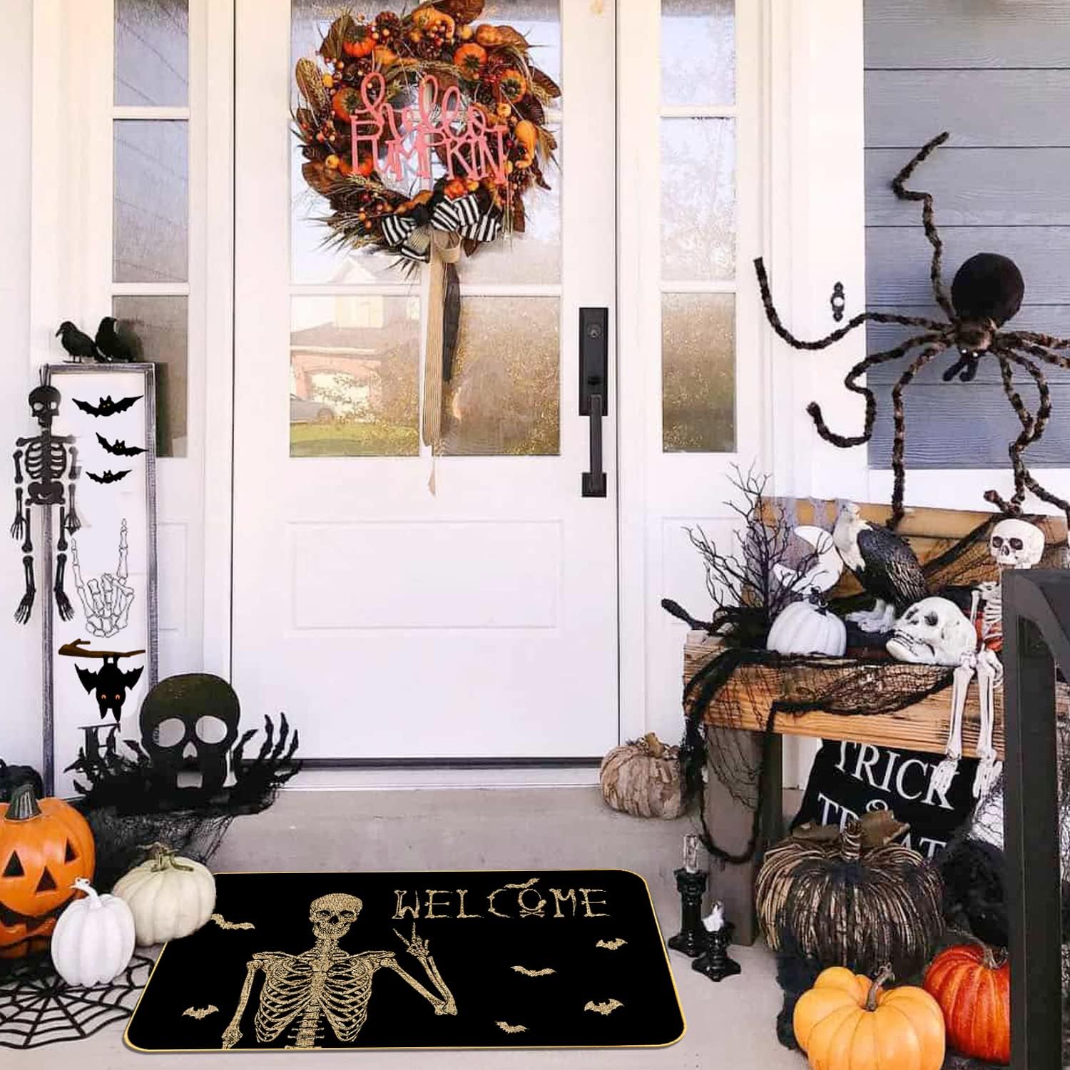 ASKETAM Halloween Doormat Indoor/Outdoor Non-Slip Carpet 19.5" x 31.3" (Happy Skeleton Bat)