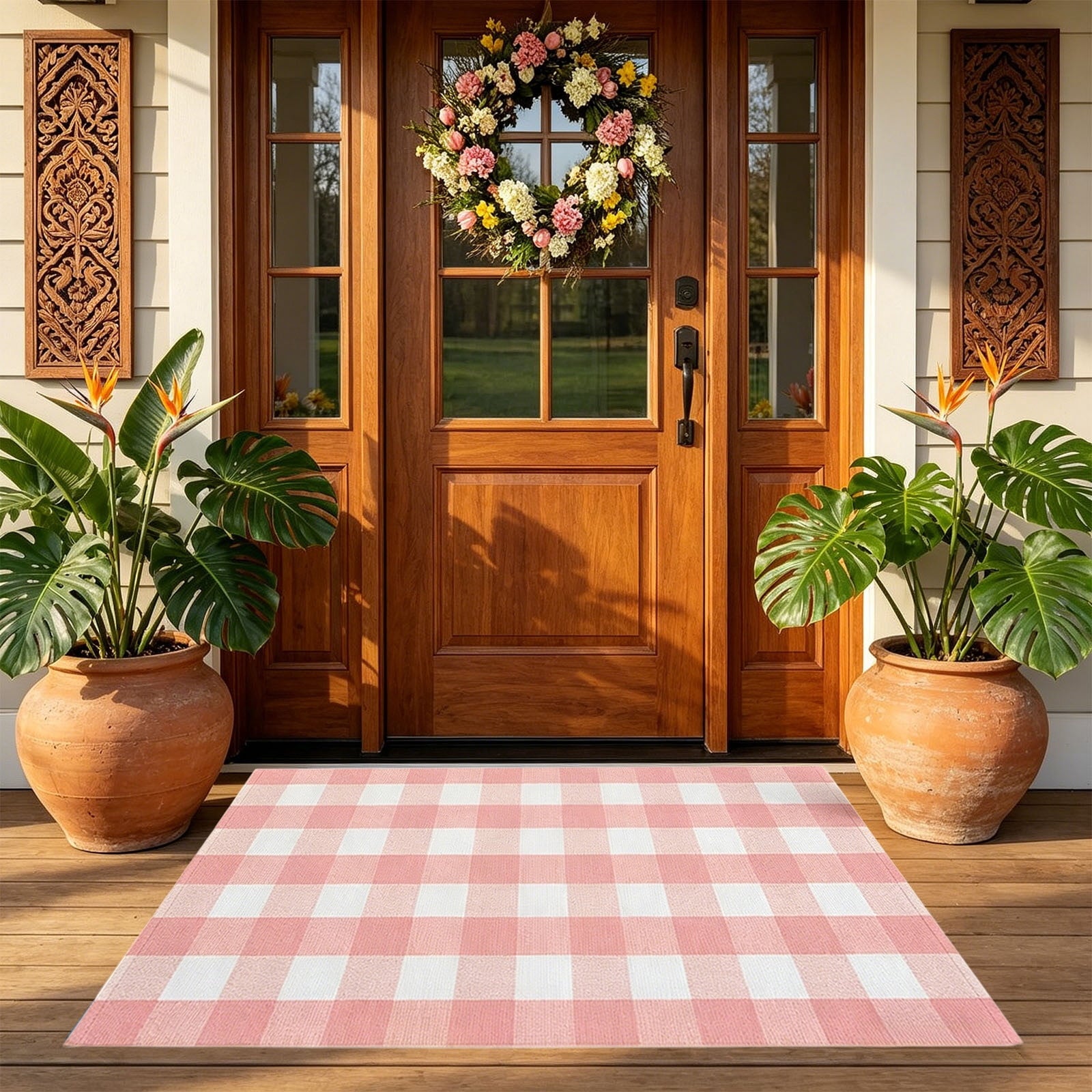 Orange Plaid Fall Outdoor Mat, Hand-Woven Porch Rug for Thanksgiving Halloween Door Decor