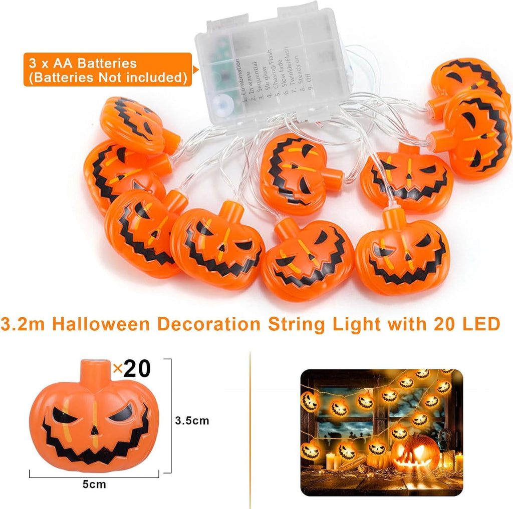 Qoosea Halloween Pumpkin String Lights, 20 LED 10.5ft 8 Modes Waterproof Orange Halloween Decorations Outdoor Indoor Bedroom Camper Party Decor