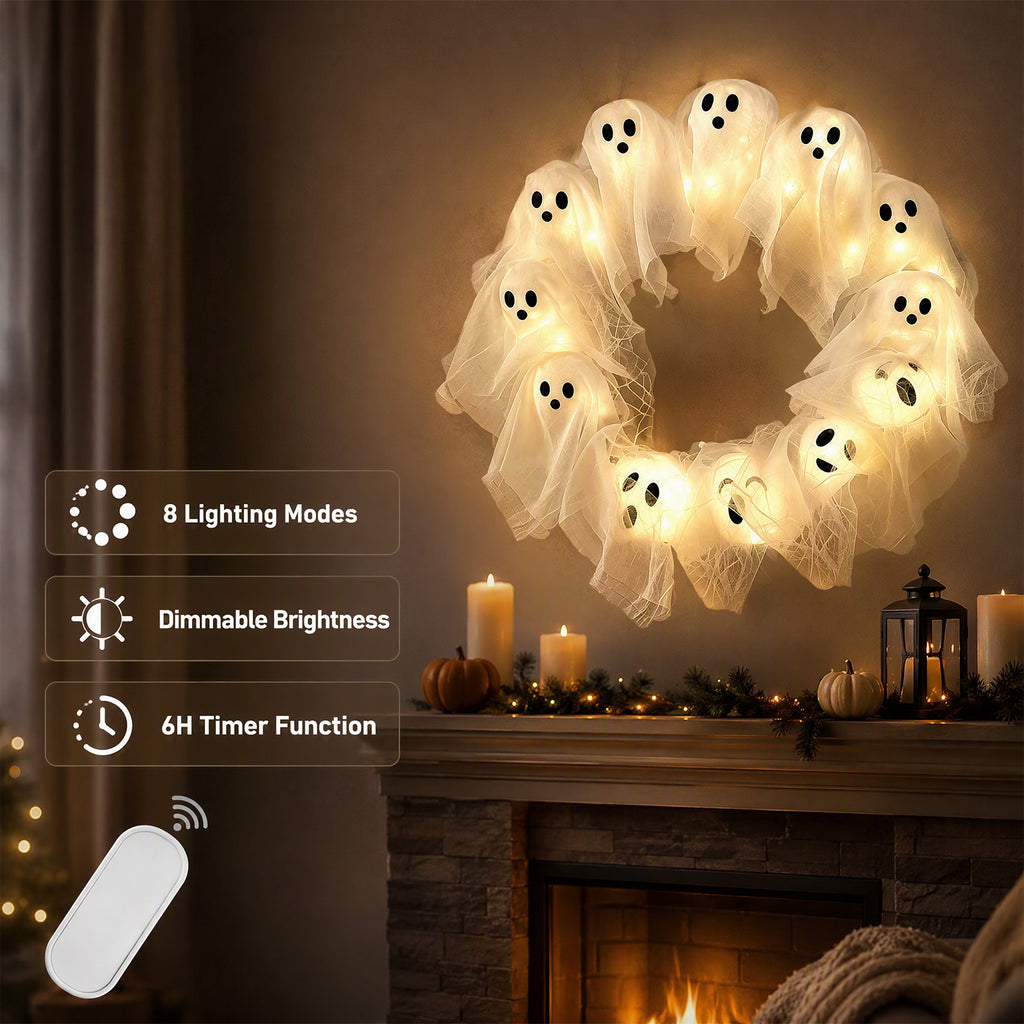 Halloween Glowing Ghost Wreath, Light-up Spooky Wreath with 12 Ghost Decor, RC, 6H Timer, Ideal for Halloween Party (A 12x3inch)