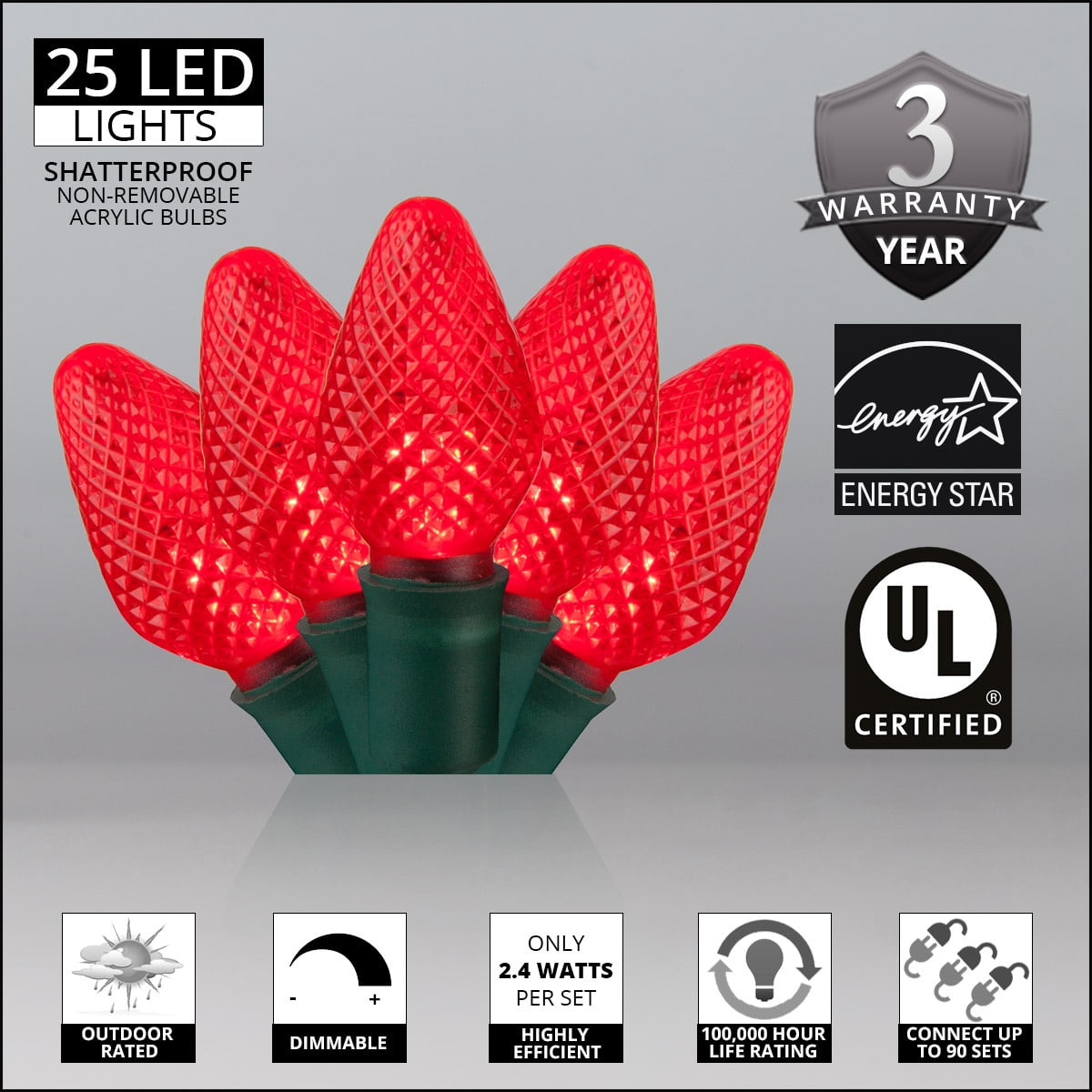 Wintergreen Lighting 25ct C7 LED Multi-Color Christmas Lights, 8" Spacing – Green Wire