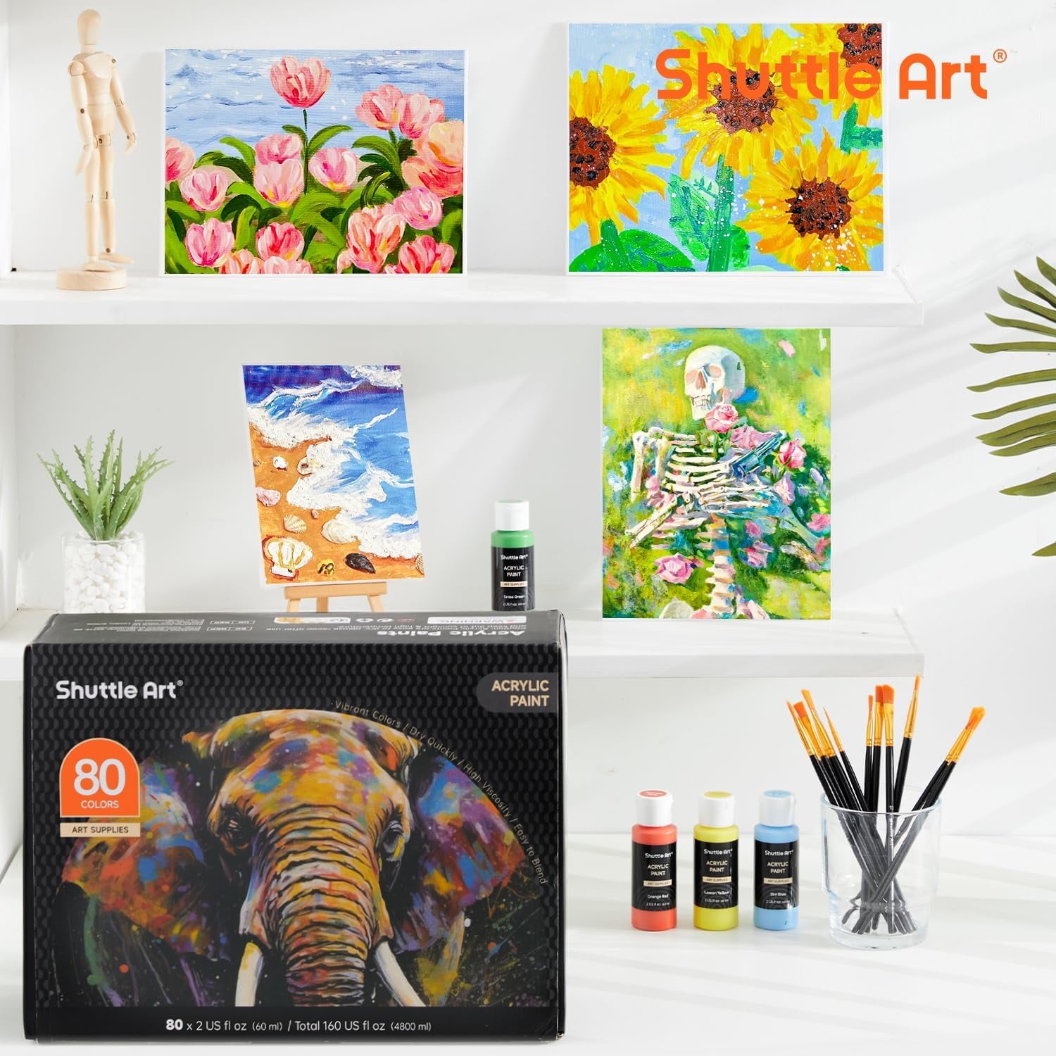 Shuttle Art Acrylic Paint Set, 36 Colors Acrylic Paint with Brushes & Palette, 2oz Bottles, Rich Pigments Non-toxic Paint for Artists Adults, Art Supplies for Canvas Rock Ceramic Wood Painting