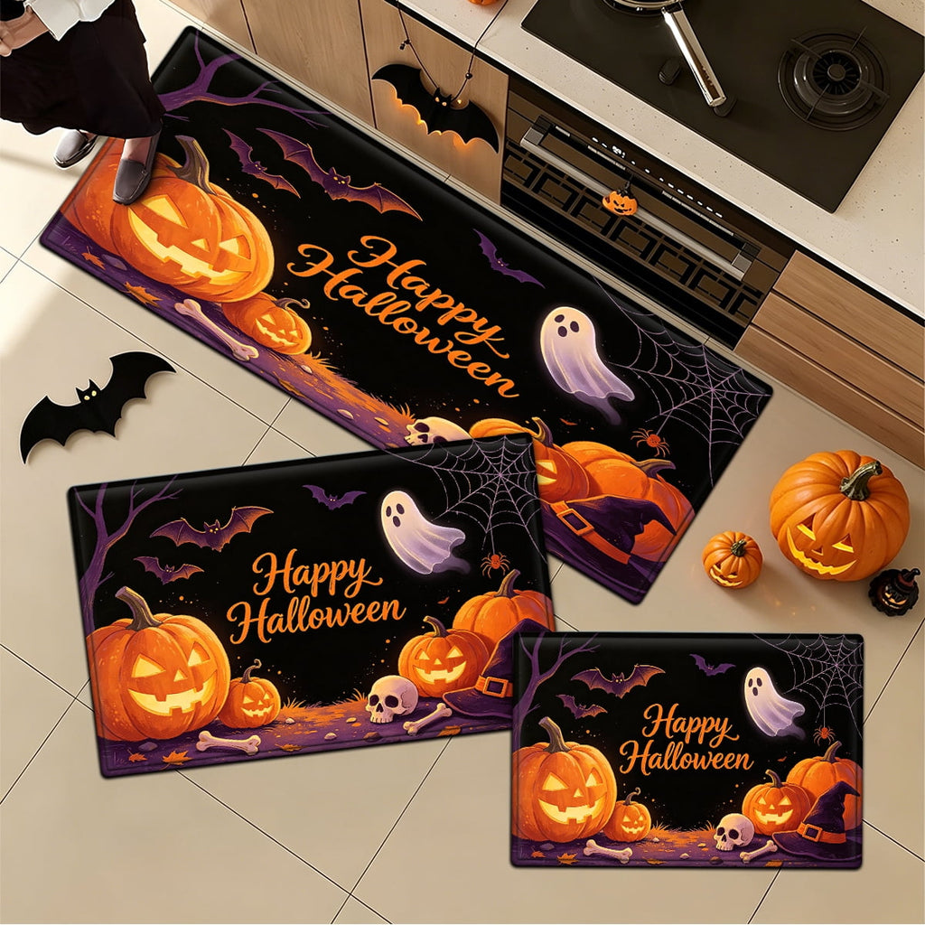YIMEIS Halloween Pumpkin Lantern 3Pcs Flannel Mat & Kitchen Rugs Set,16''×24'' 20''×30'' 17''×47'' Inches,Soft Non-slip for Home Bathroom