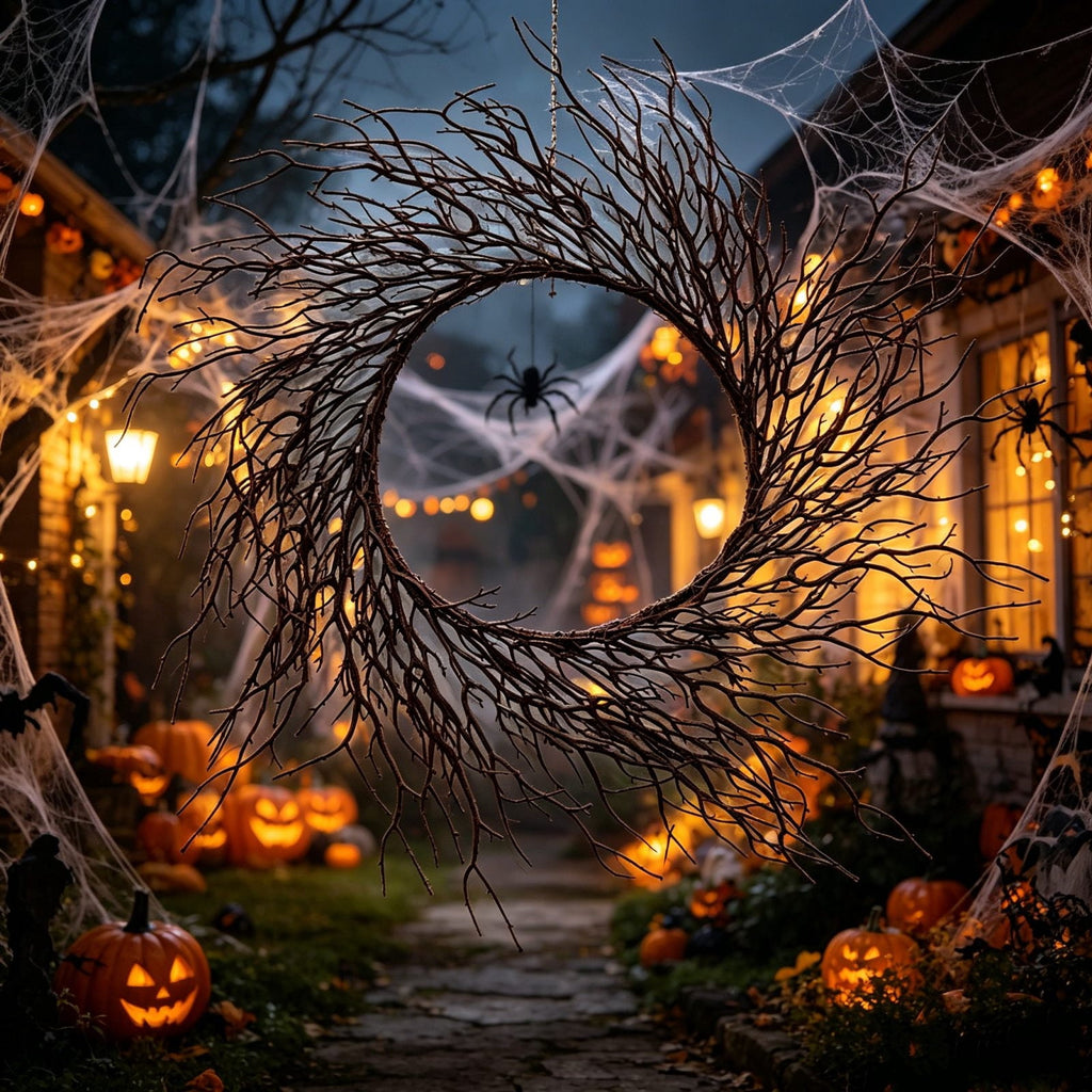 WWC Halloween Wreath, 18 inch Black Bats and Bare Branch Wreath, Gothic Halloween Decor Twig Wreath for Halloween Party Front Door Porch and Fireplace