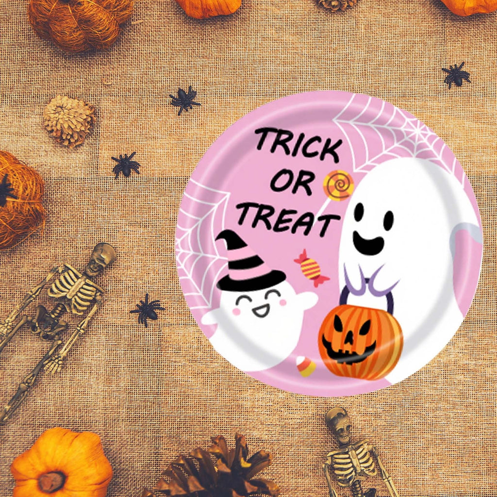 Eoozwa Pink Halloween Party Plates Set 20pcs Disposable Paper Plates and Napkins Cute Pumpkin Ghost Flower Tableware for Halloween Birthday Party Decoration Party Supplies