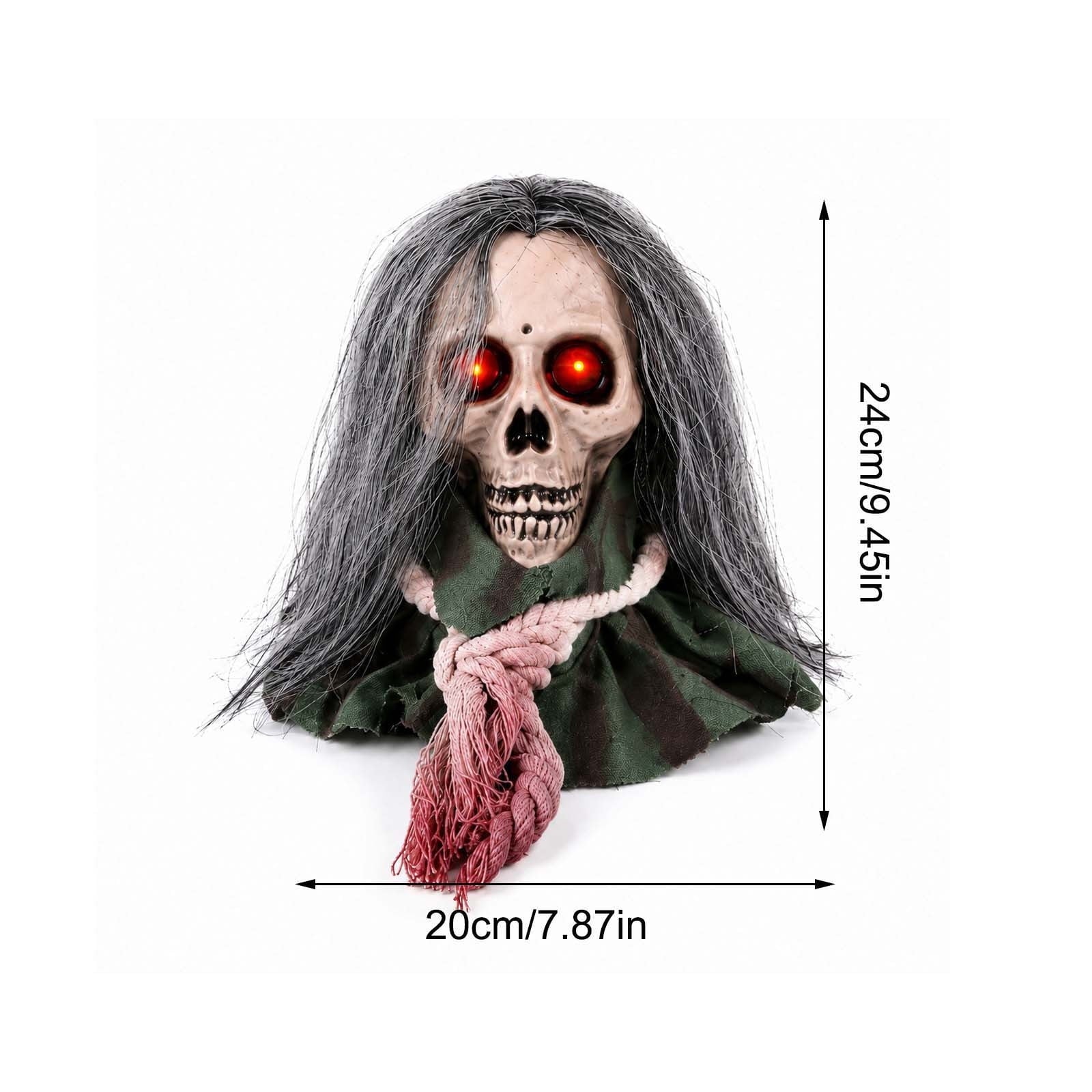Animated Walking Skull Head with Light-Up Red Eyes Creepy Moving Halloween Prop with Long Grey Hair Horror Music Motorized Resin Decoration for Party Yard Indoor Outdoor Spooky Decor Gift
