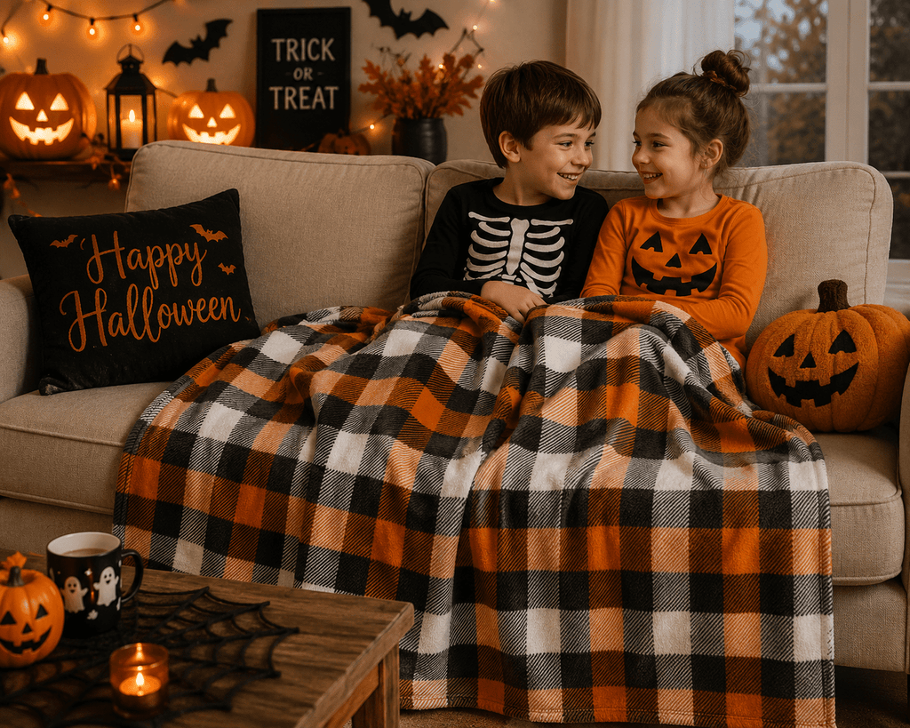 Serafina Home Halloween Throw Blanket: Fuzzy Boo! Jack O'Lantern Spider Webs Skull and Black Cats Print on Velvet Fleece for Sofa Bed Couch Chair Dorm