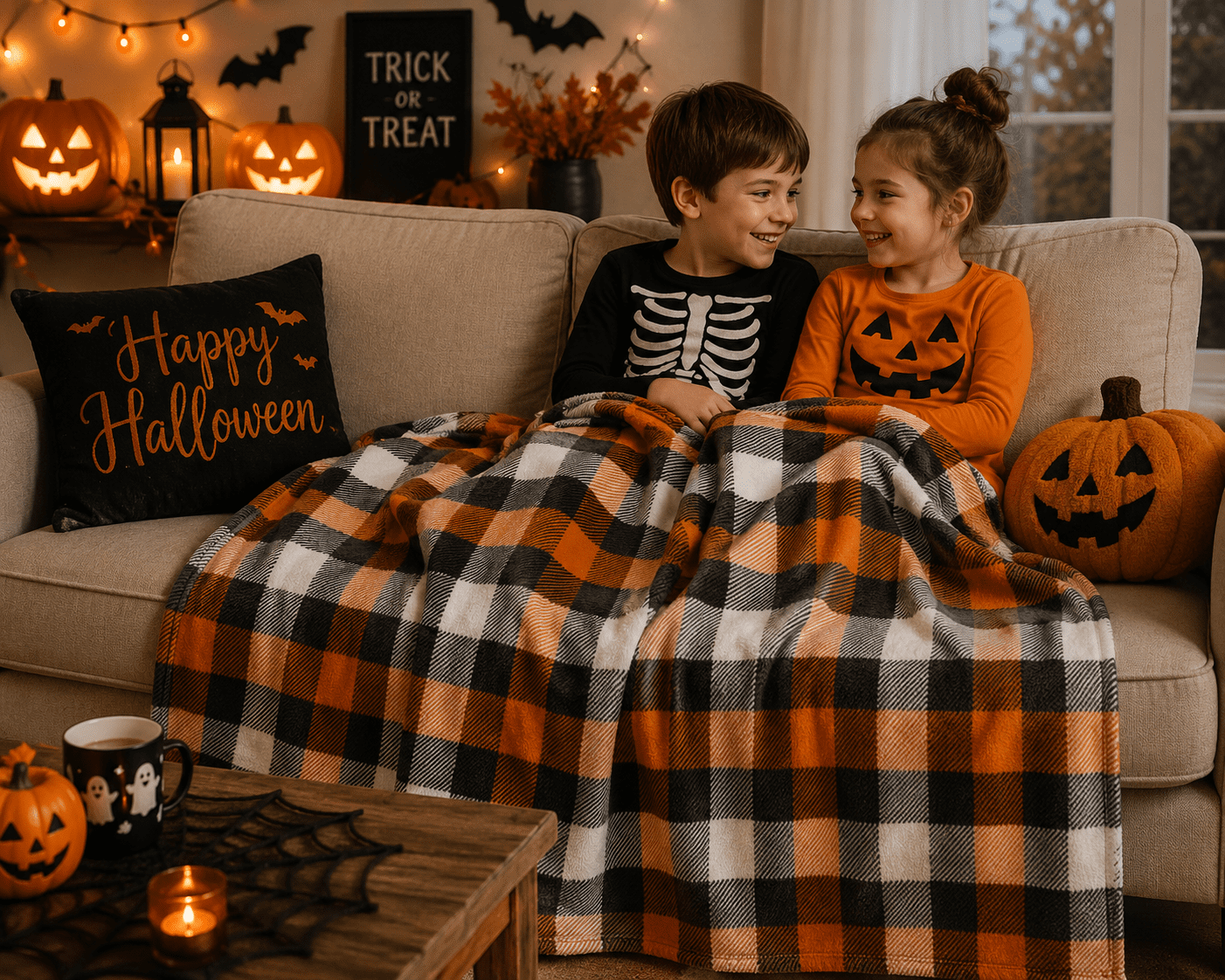 Serafina Home Halloween Throw Blanket: Fuzzy Boo! Jack O'Lantern Spider Webs Skull and Black Cats Print on Velvet Fleece for Sofa Bed Couch Chair Dorm
