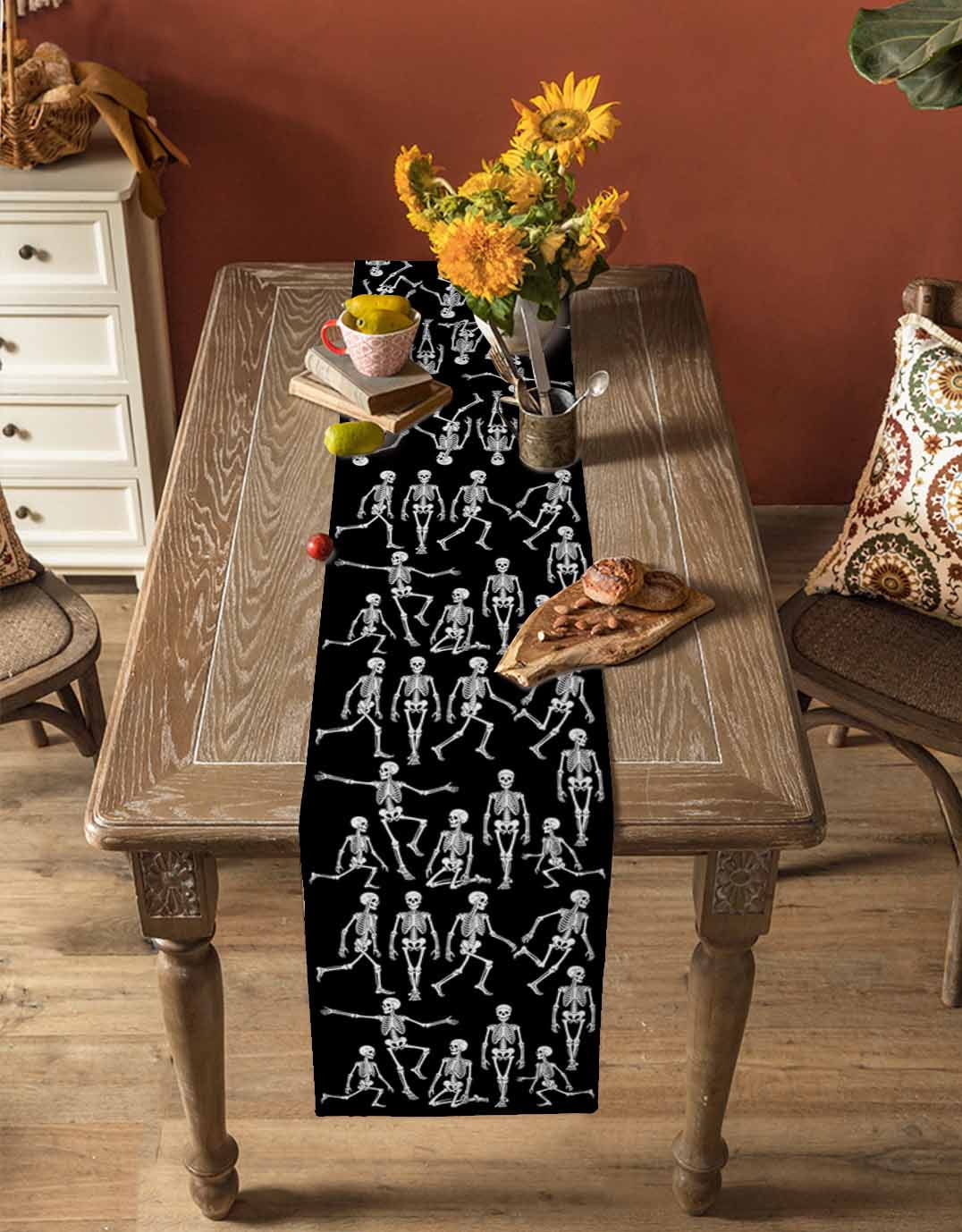 Halloween Burlap Cotton Table Runner 13x120 Inches Long, Funny Skeleton Spooky Scary Skull Black Farmhouse Table Runners, Outdoor Dining Tablecloths Decor for Baby Shower/Party/Wedding
