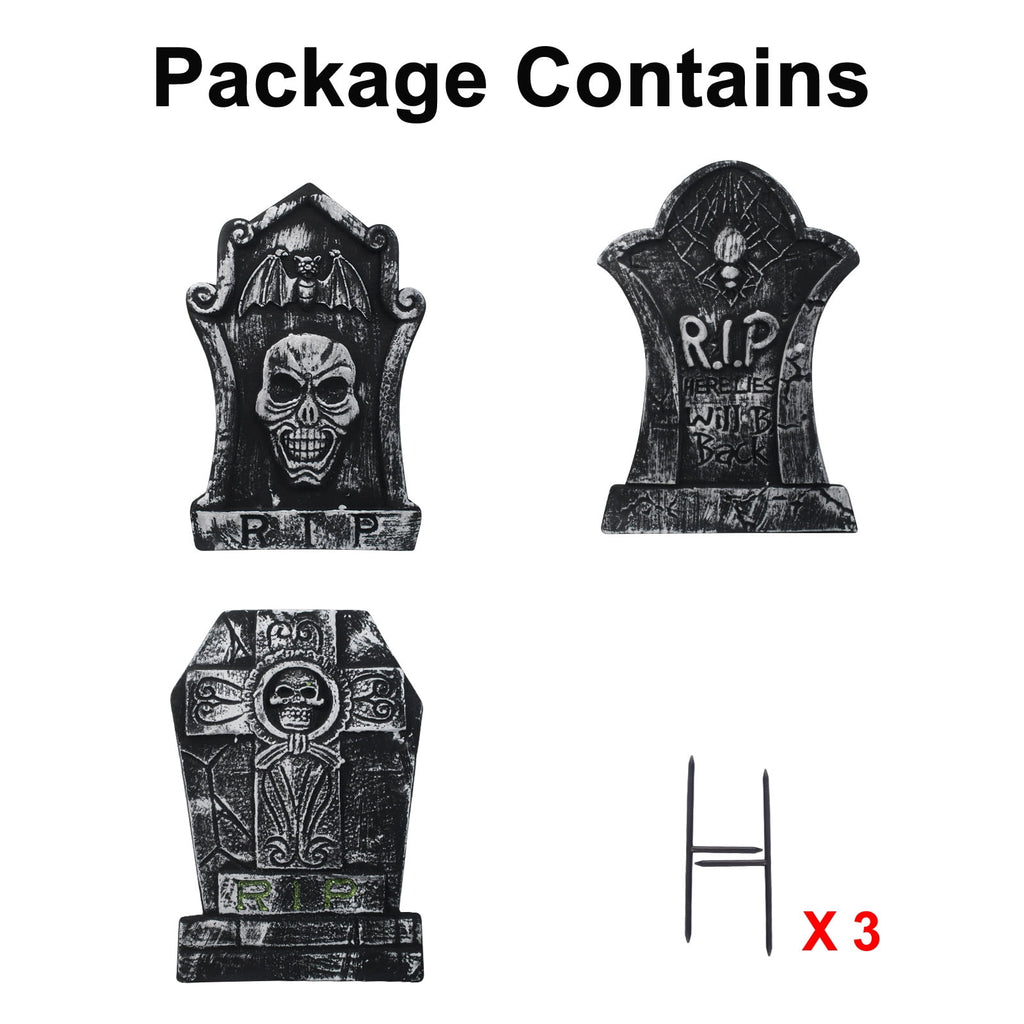 Gamexcel 3-Pack Large 17" Halloween Foam RIP Tombstones with Stakes - Graveyard Lawn Decorations for Spooky Haunted House Decor