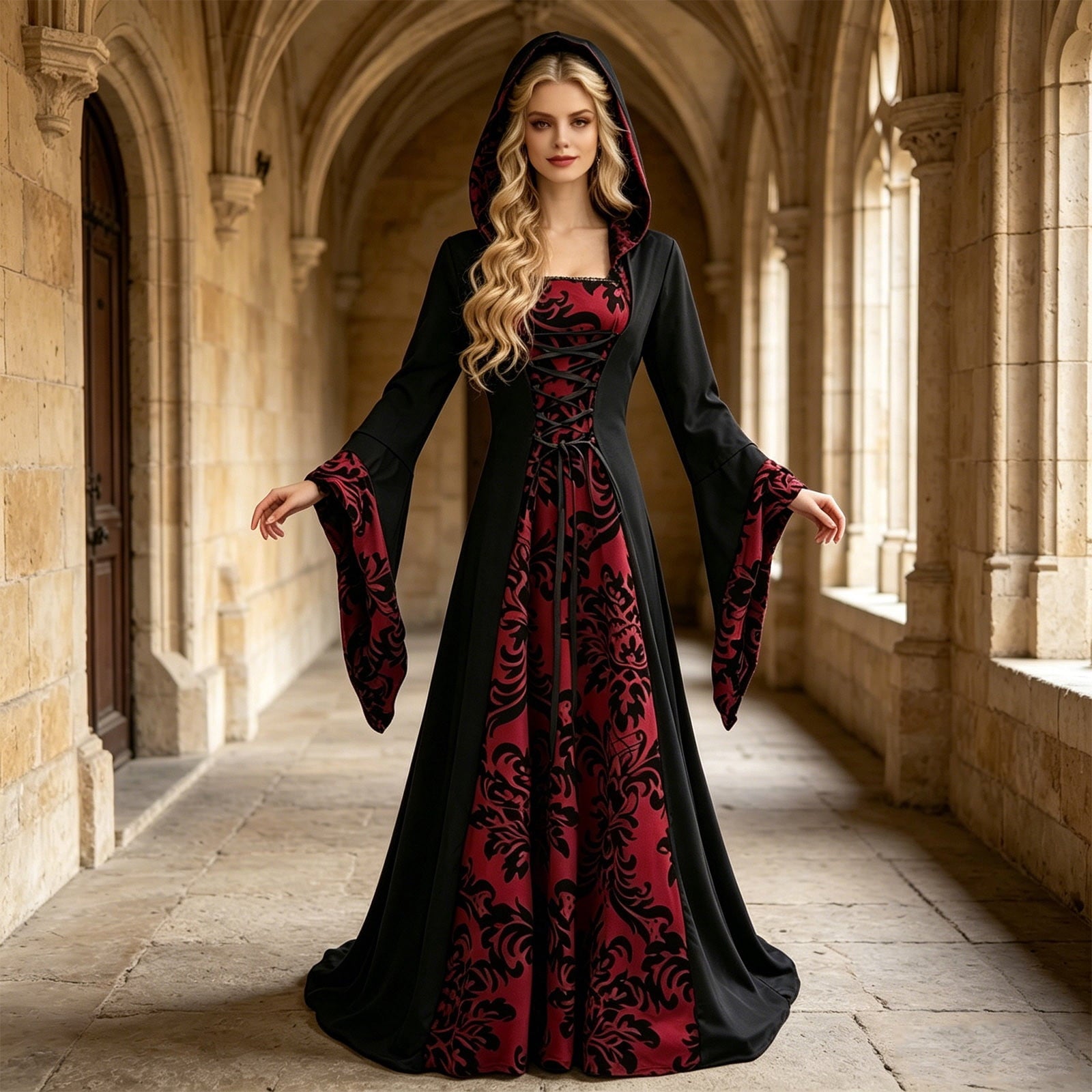ZGRBOU Womens Vampire Witch Dress Halloween Cosplay Costumes Masquerade Hooded Gown Dress Medieval Gothic Dress Plus Size