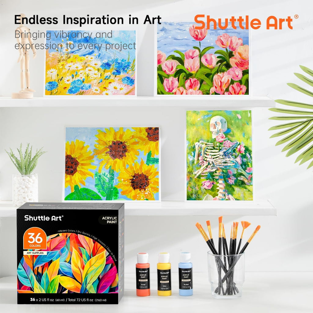 Shuttle Art Acrylic Paint Set, 36 Colors Acrylic Paint with Brushes & Palette, 2oz Bottles, Rich Pigments Non-toxic Paint for Artists Adults, Art Supplies for Canvas Rock Ceramic Wood Painting