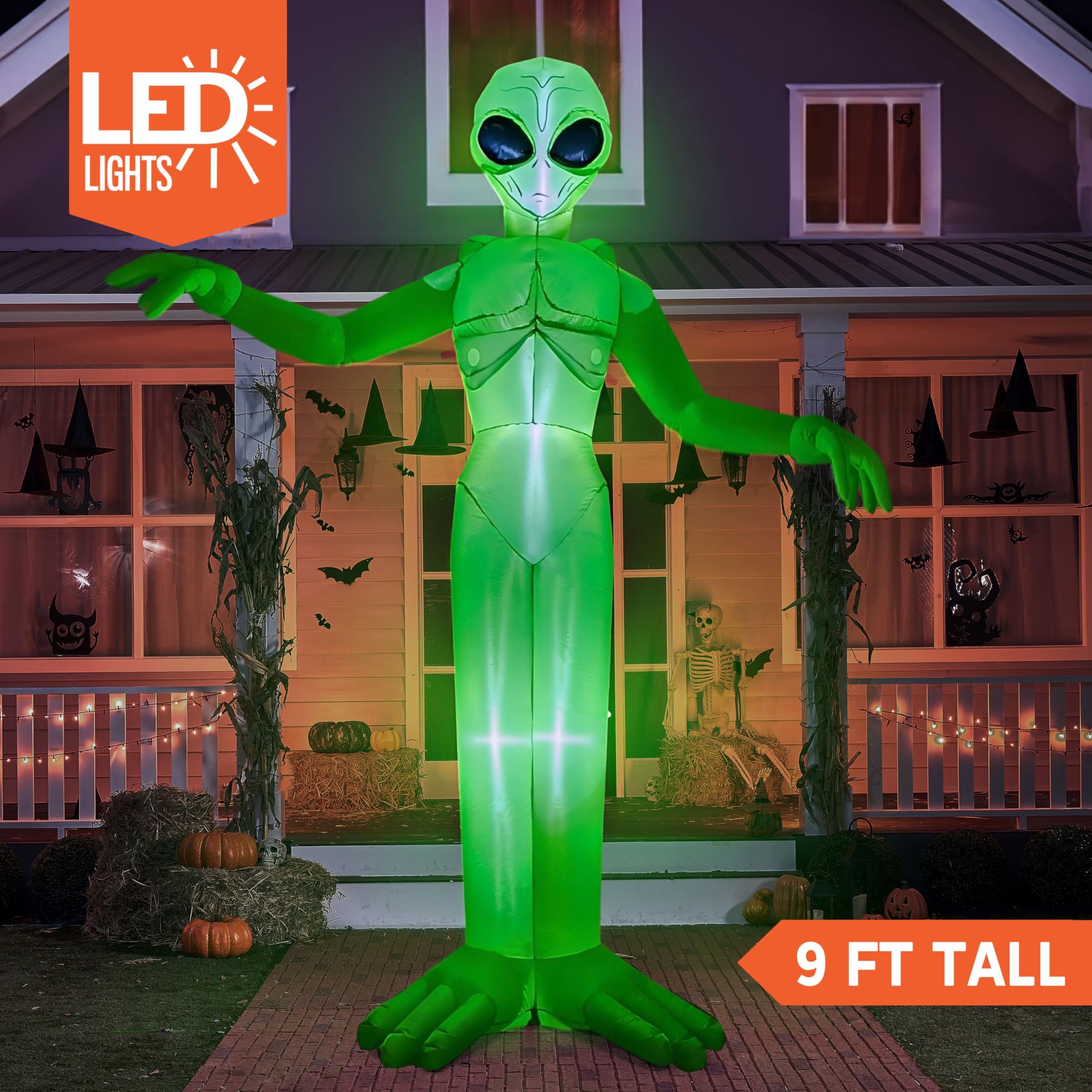 Joyfy 9 ft Halloween Inflatable Giant Alien Decoration with Built-in LEDs,Alien Halloween Decorations Outdoor Blow Up Yard Lawn Decoration