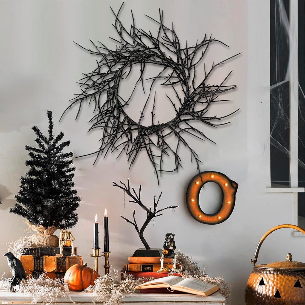 Boovnll Halloween Wreath, 18" Horror & Novelty Handmade Black Twig Glitter Bats Halloween Wreaths for Front Door Fireplace Wall Porch Party Decor, Halloween Decorations