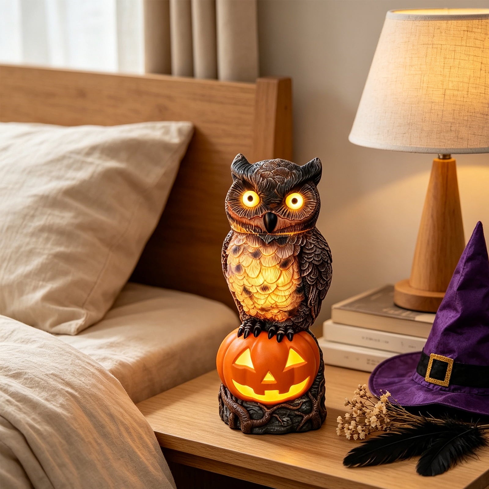 Halloween Dog Greeter - Frenchie 7.9in Resin Witch Dog with Light-Up Pumpkin, Spooky Fall Decor, Indoor Outdoor Tabletop Decoration