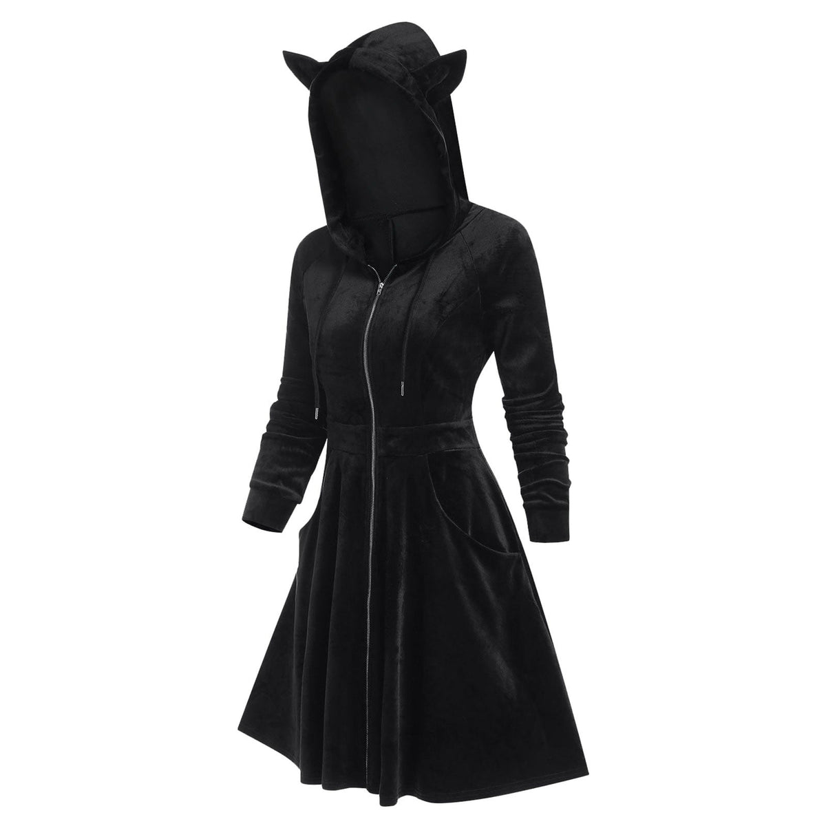 QATAINLAV Womens Gothic Hoodies Dress Fall Winter Long Sleeve Velvet Sweatshirts Cute Cat Ear Hooded Zip up Dresses with Pockets, Wine, M