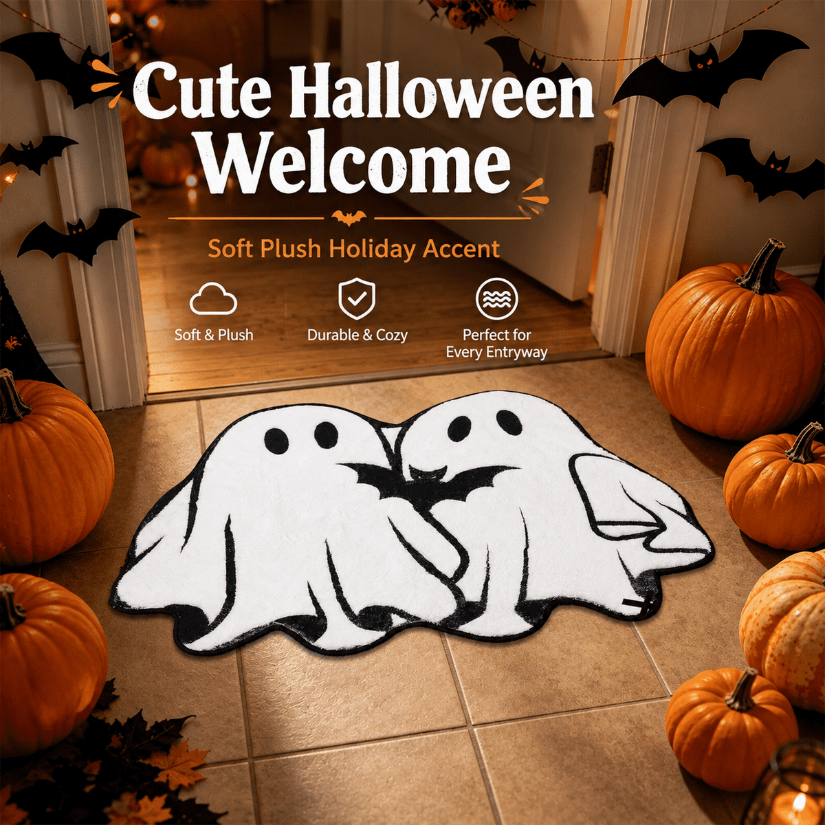 Halloween Door Mat Outdoor Boo Ghost Welcome Doormats for Front Door Non Slip Ghost Floor Mat Black White Stripe Halloween Rug for Entryway Front Porch Outside Decor