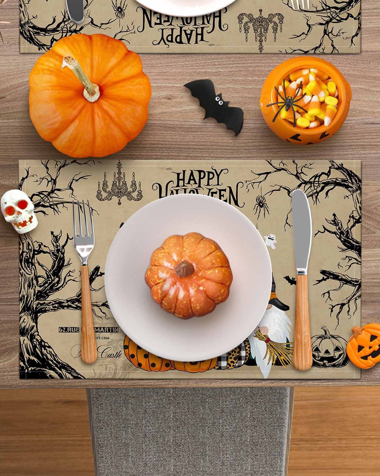 Halloween Placemats Set of 4 Gnome Pumpkin Place Mats Fall Placemat Black Bats Crow Ghosts Cobwebs Castle Table Mats for Dining Kitchen Table Holiday Dinner Party Home Decorations 13x19 Inch