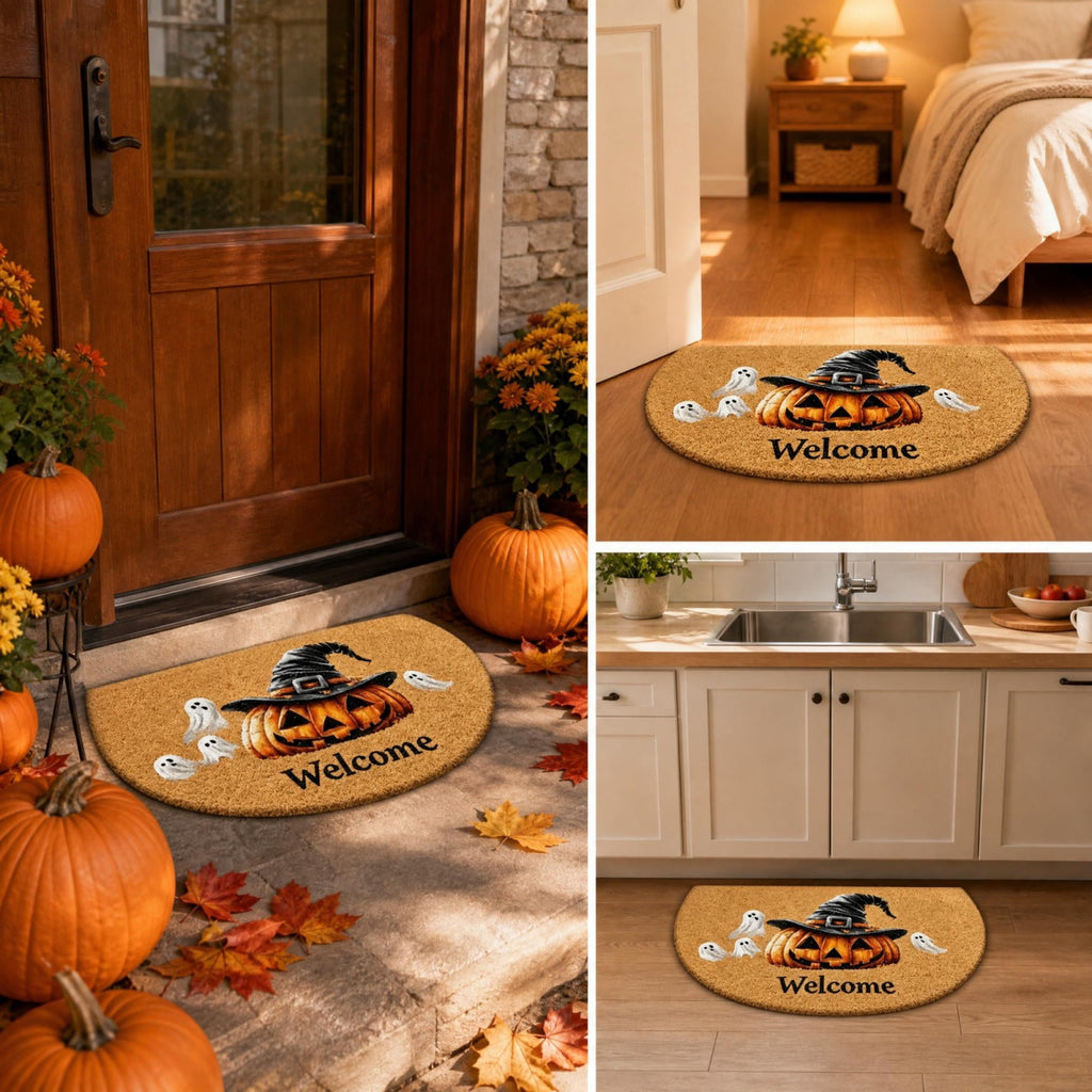 Xevrion Halloween Home Decor,Half Halloween Welcome Doormat Pumpkin Ghost Non- Entry Floor Mat Thickened Scraper Rug Care For Front Porch Holiday Decor,24*16IN