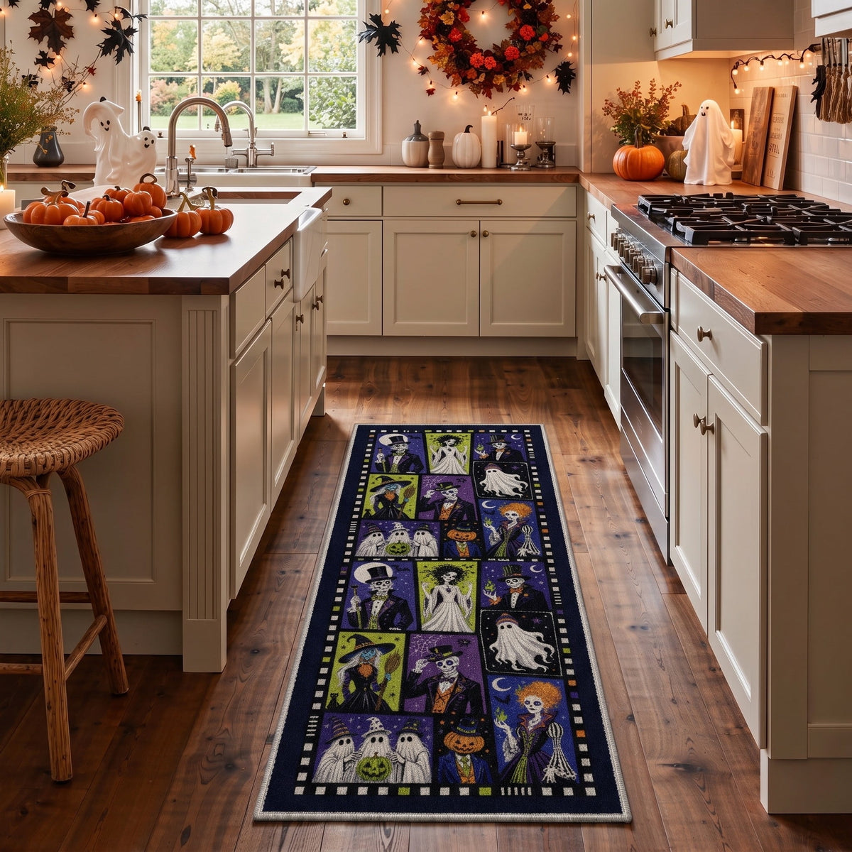 GENIMO 2'x7' Halloween Runner Rug, Washable Non Slip Soft Whimsical Skeleton Indoor Outdoor Hallway Runner for Porch Patio Kitchen Entryway, Charcoal Black
