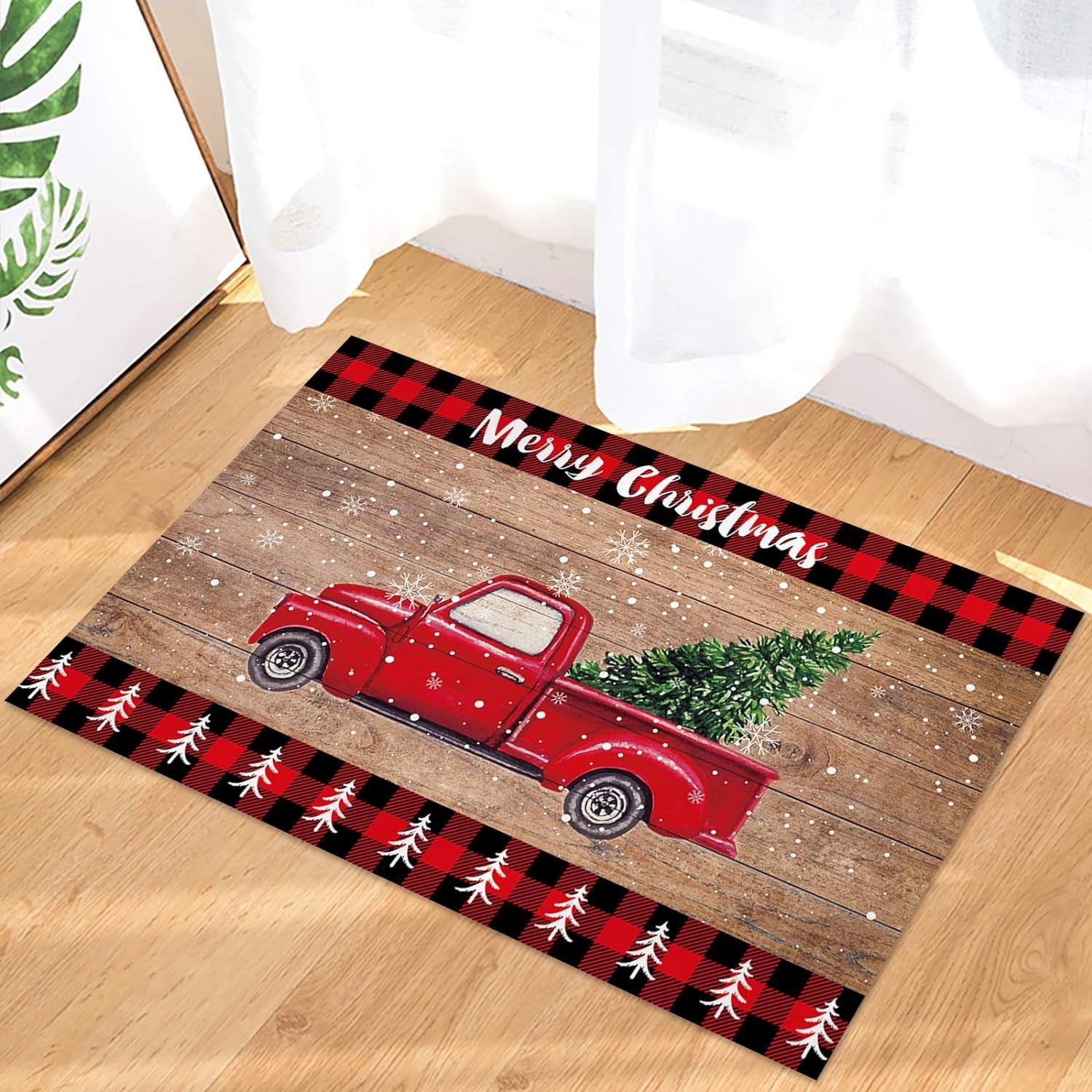 Christmas Snowman Trees Entrance Door Mat, Red Plaid Low Profile Tradition Christmas Decor Welcome Doormat, Non-Slip Carpet Rugs Floor Mat Decorative for Home/Bathroom/Kitchen - 20"x31.5"